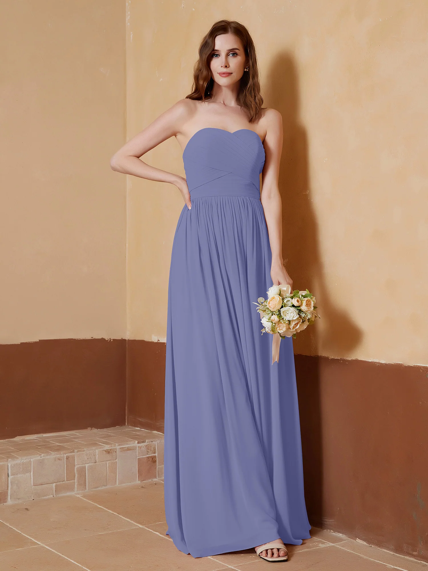 Chiffon Long Strapless Dress for Bridesmaids Periwinkle