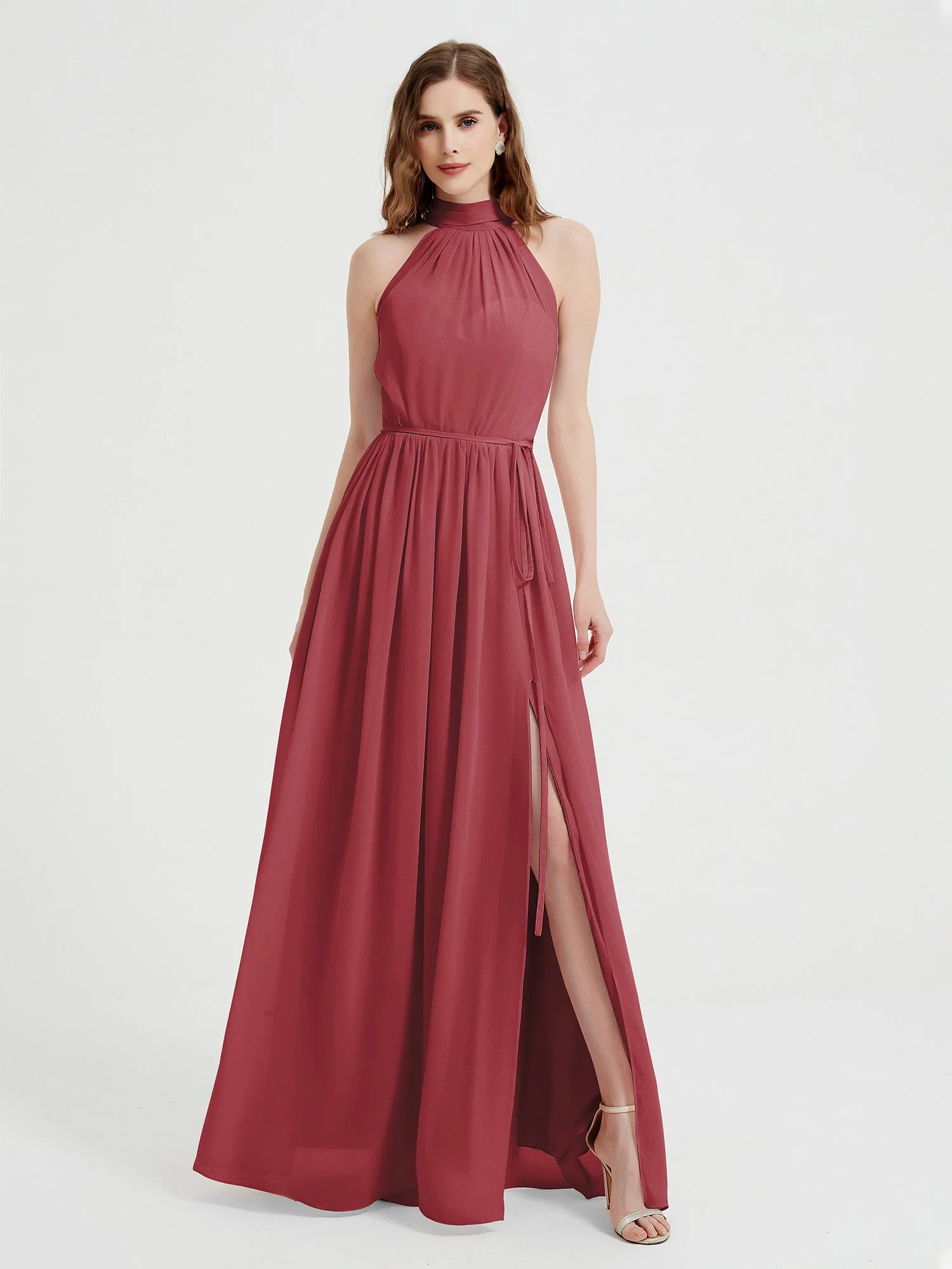 High Neck Chiffon Dresses with Slit and Sash Bow-Cinnamon Rose