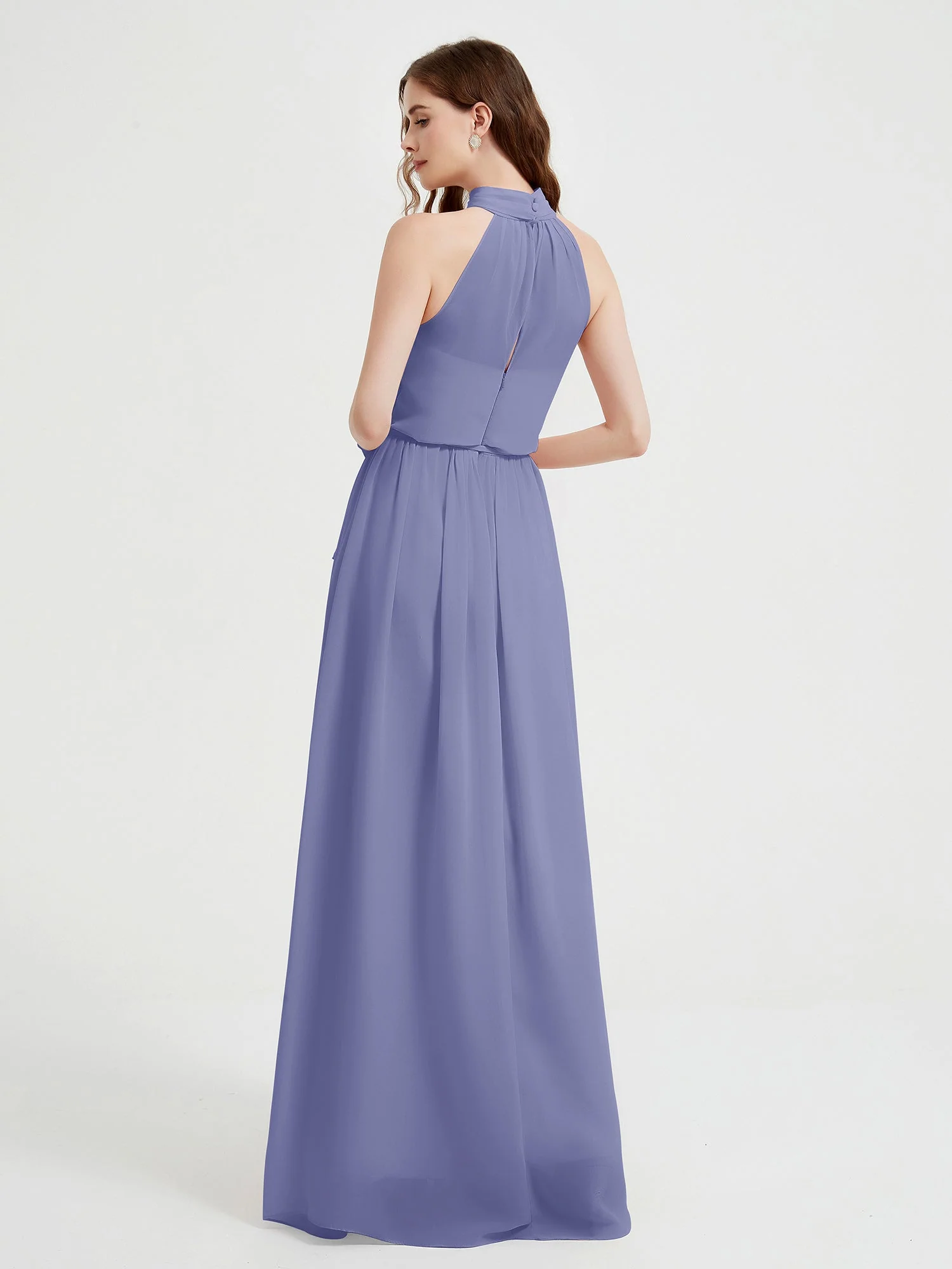 High Neck Chiffon Dresses with Slit and Sash Bow-Periwinkle - Image 2