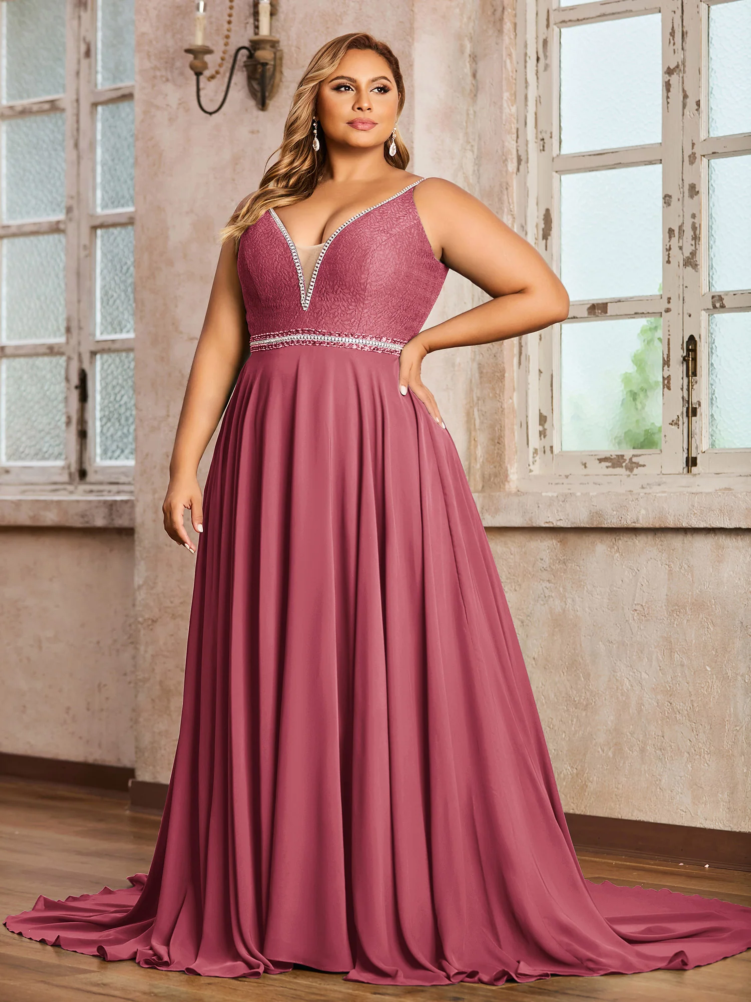 Spaghetti Strap Lace and Chiffon Gown-Cinnamon Rose - Image 3