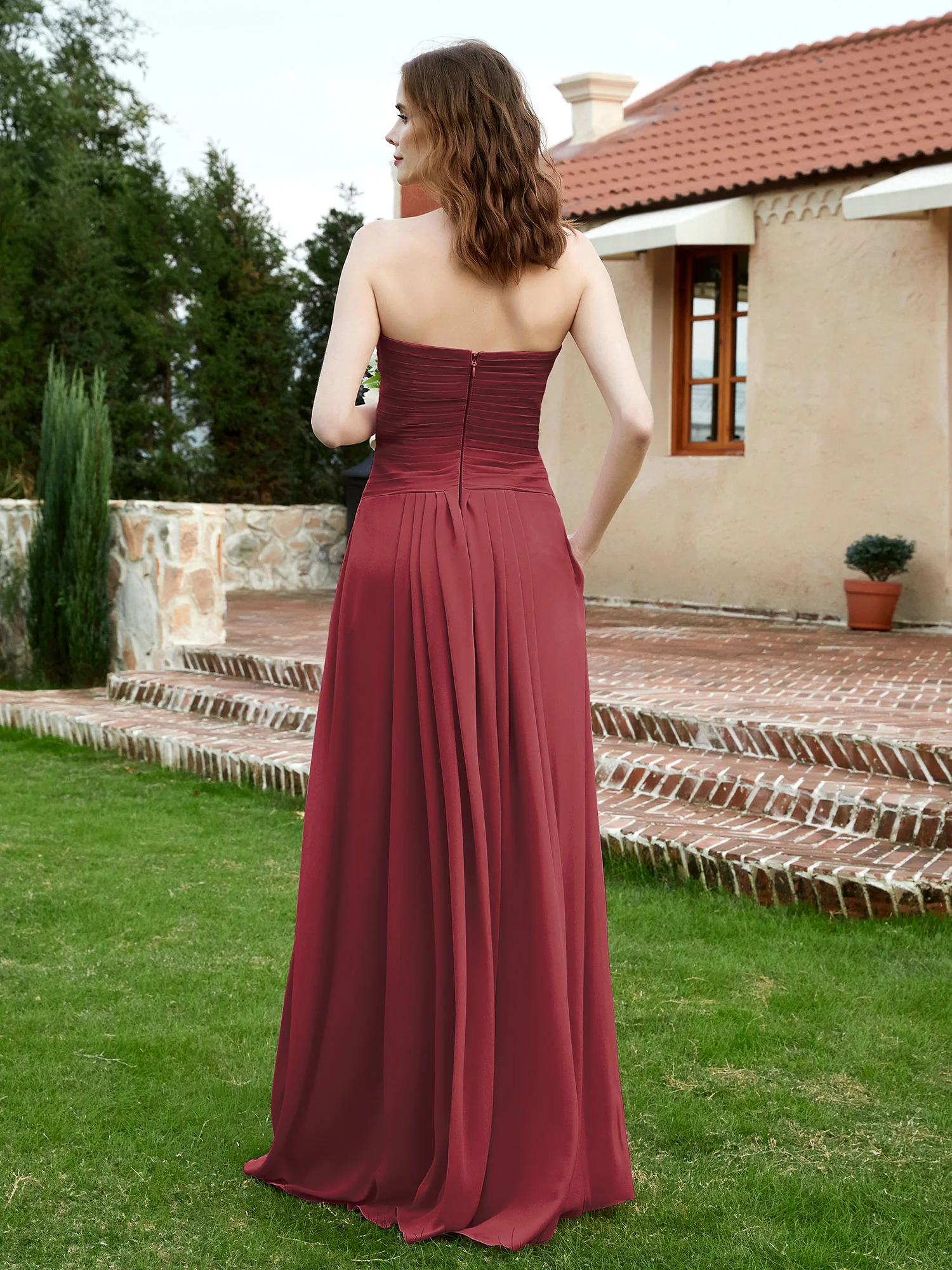 Strapless Sweetheart Neck Chiffon Bridesmaid Gown-Cinnamon Rose - Image 2