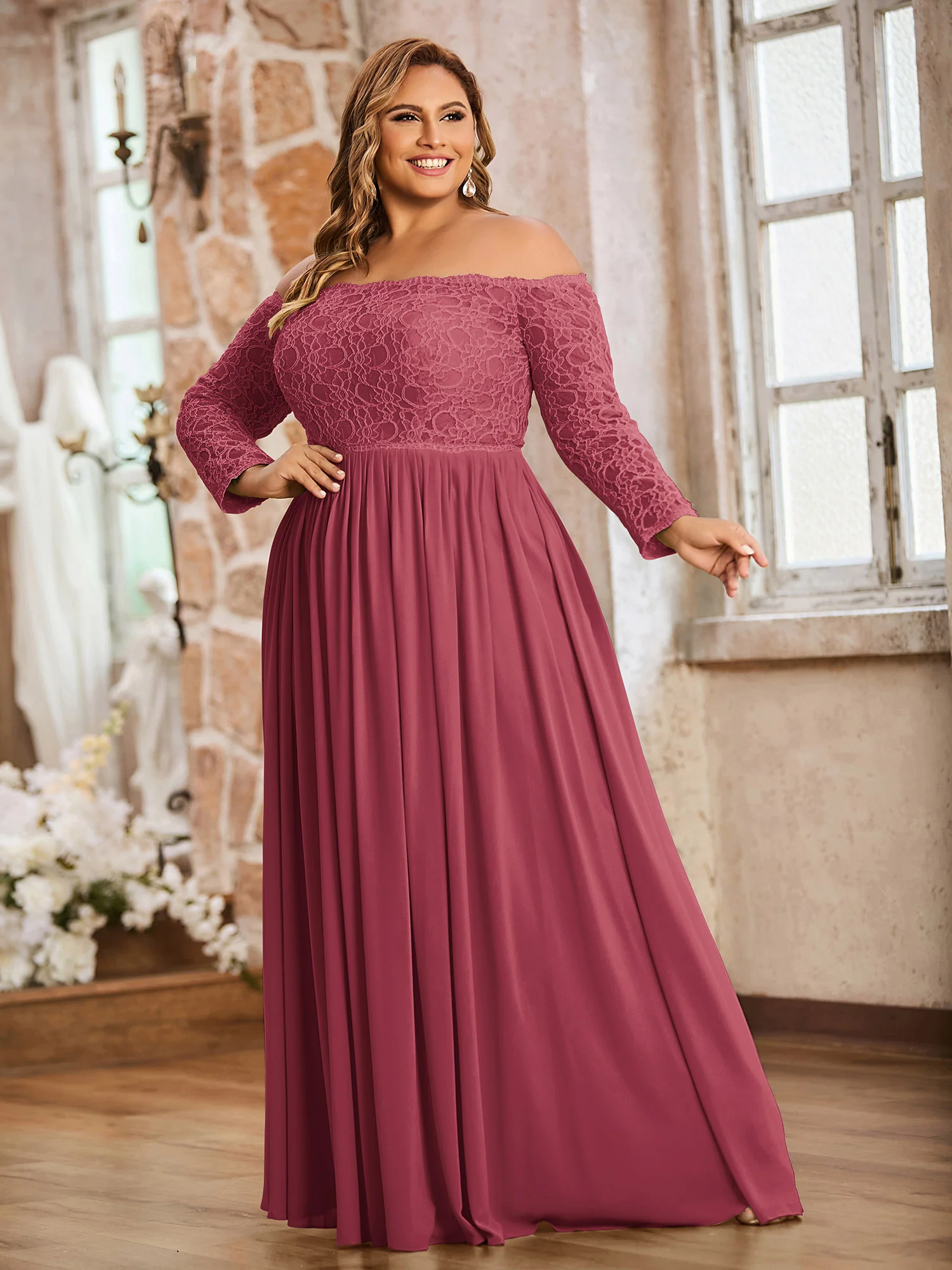 Lace and Chiffon Long Sleeves Dresses with Pockets-Cinnamon Rose Plus Size - Image 3