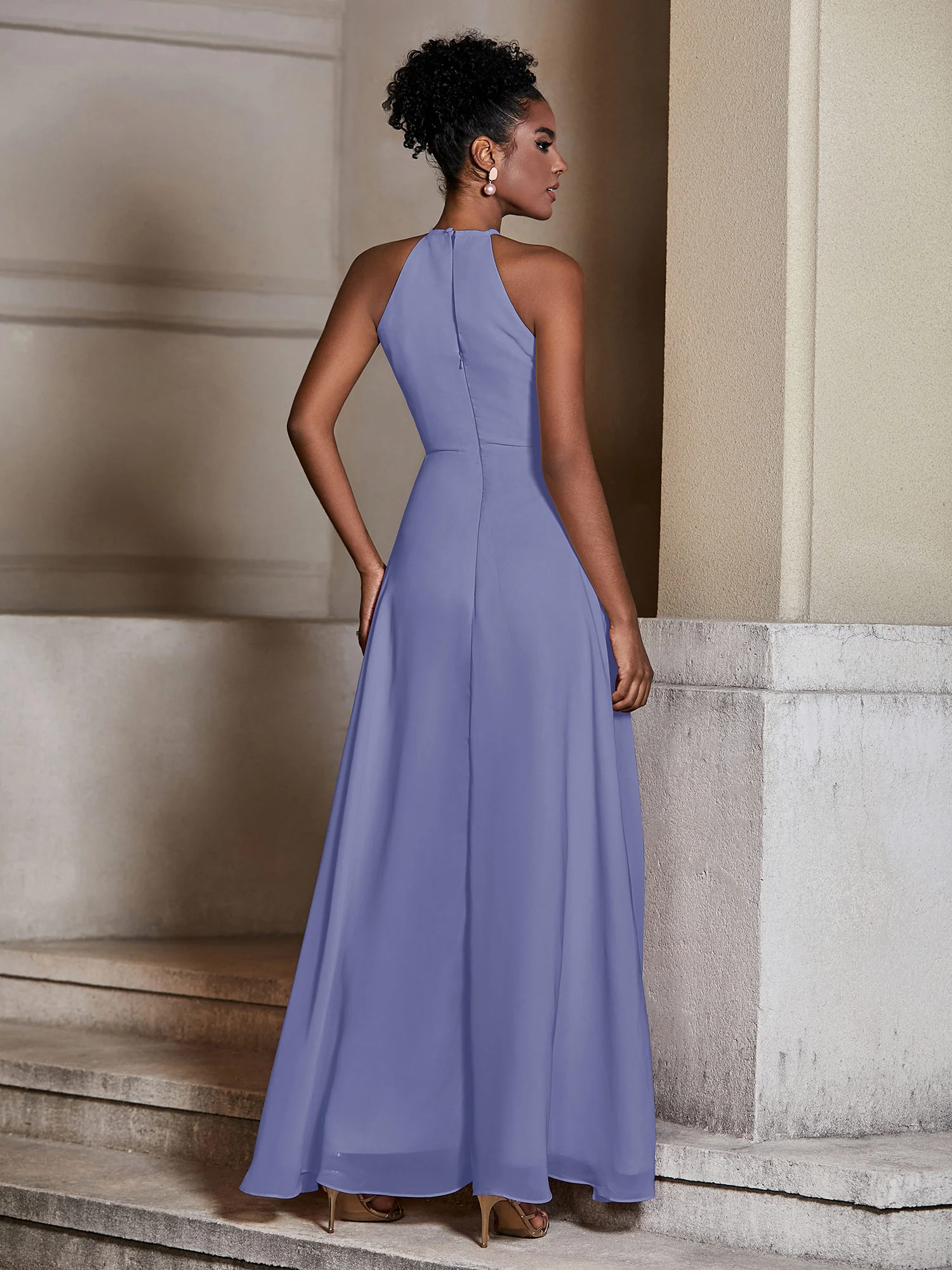Chiffon Long Halter Dresses with Slit-Periwinkle Plus Size - Image 2