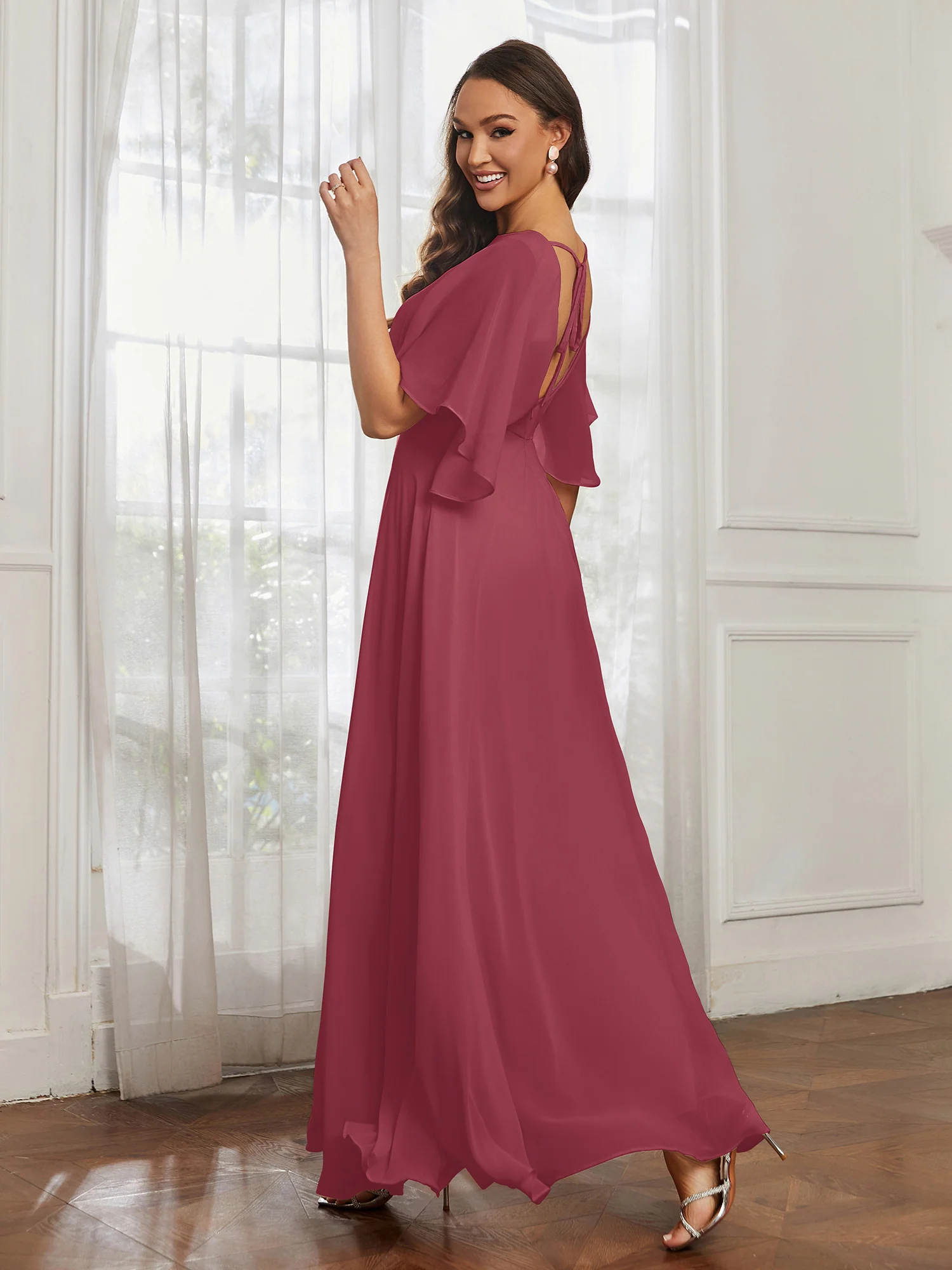 Flutter Sleeves Long Chiffon Bridesmaid Dresses-Cinnamon Rose - Image 2