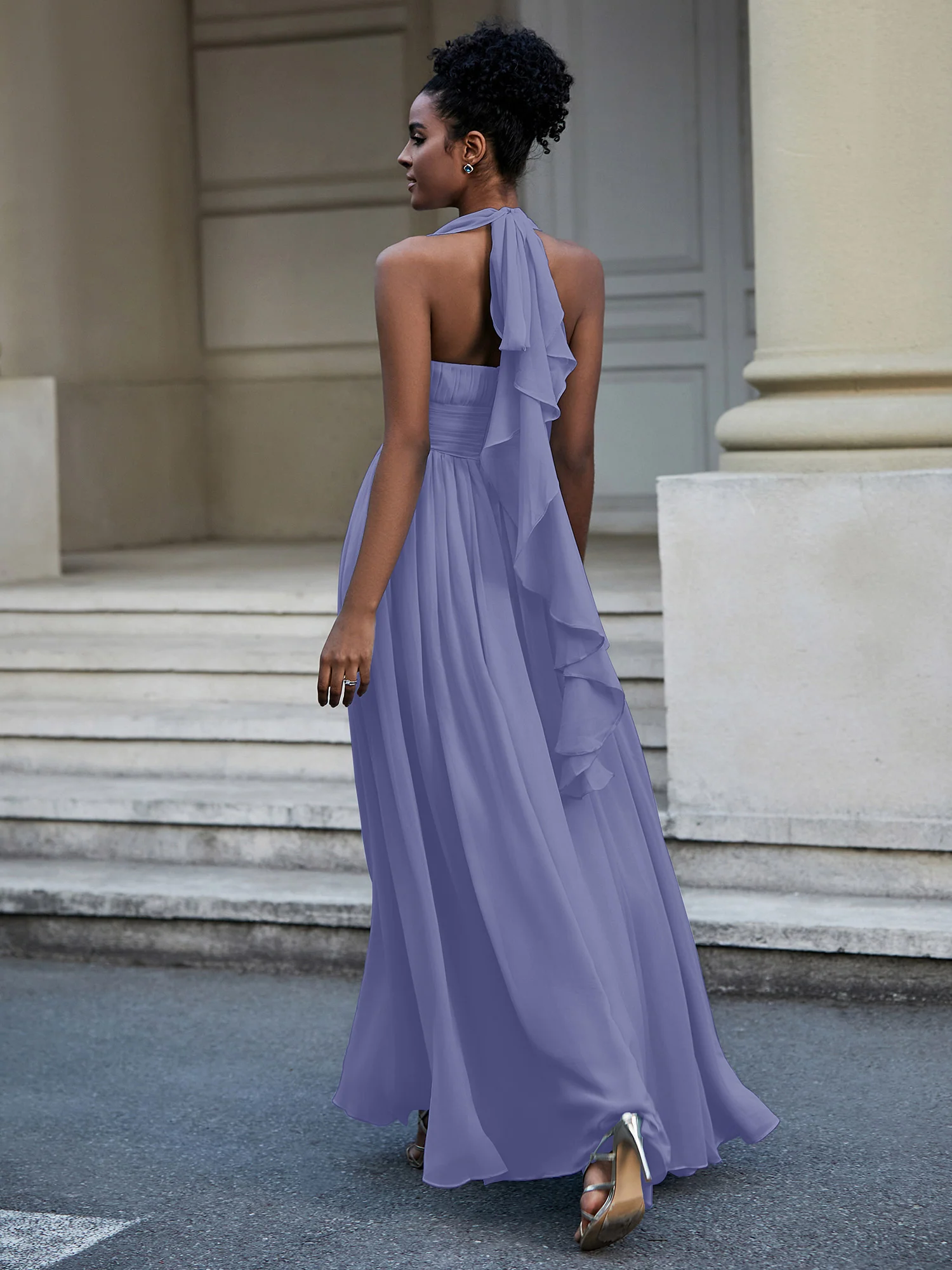 Halter Chiffon Dresses with Cascade Skirt-Periwinkle Plus Size - Image 2