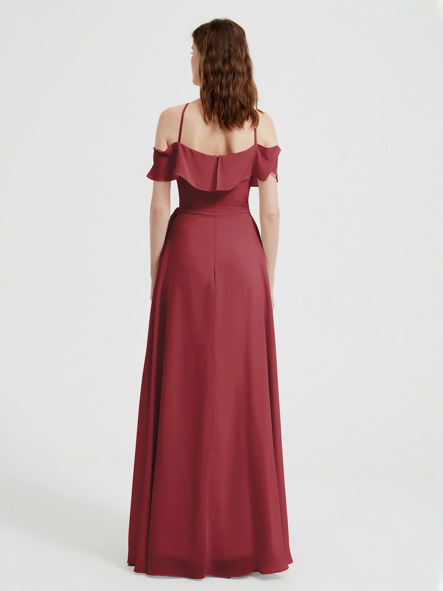 Y-neck Flutter Sleeves Long Bridesmaid Dresses Cinnamon Rose Plus Size - Image 2