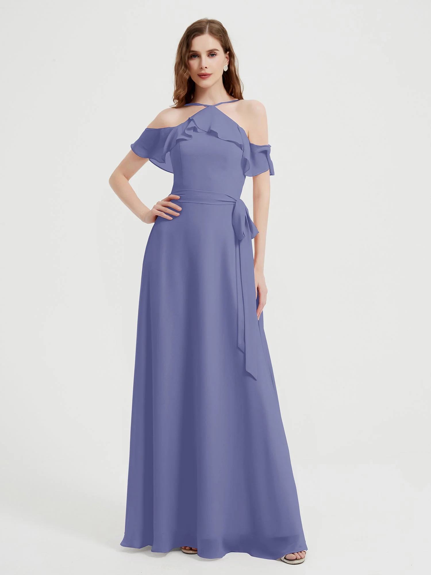 Y-neck Flutter Sleeves Long Bridesmaid Dresses Periwinkle Plus Size