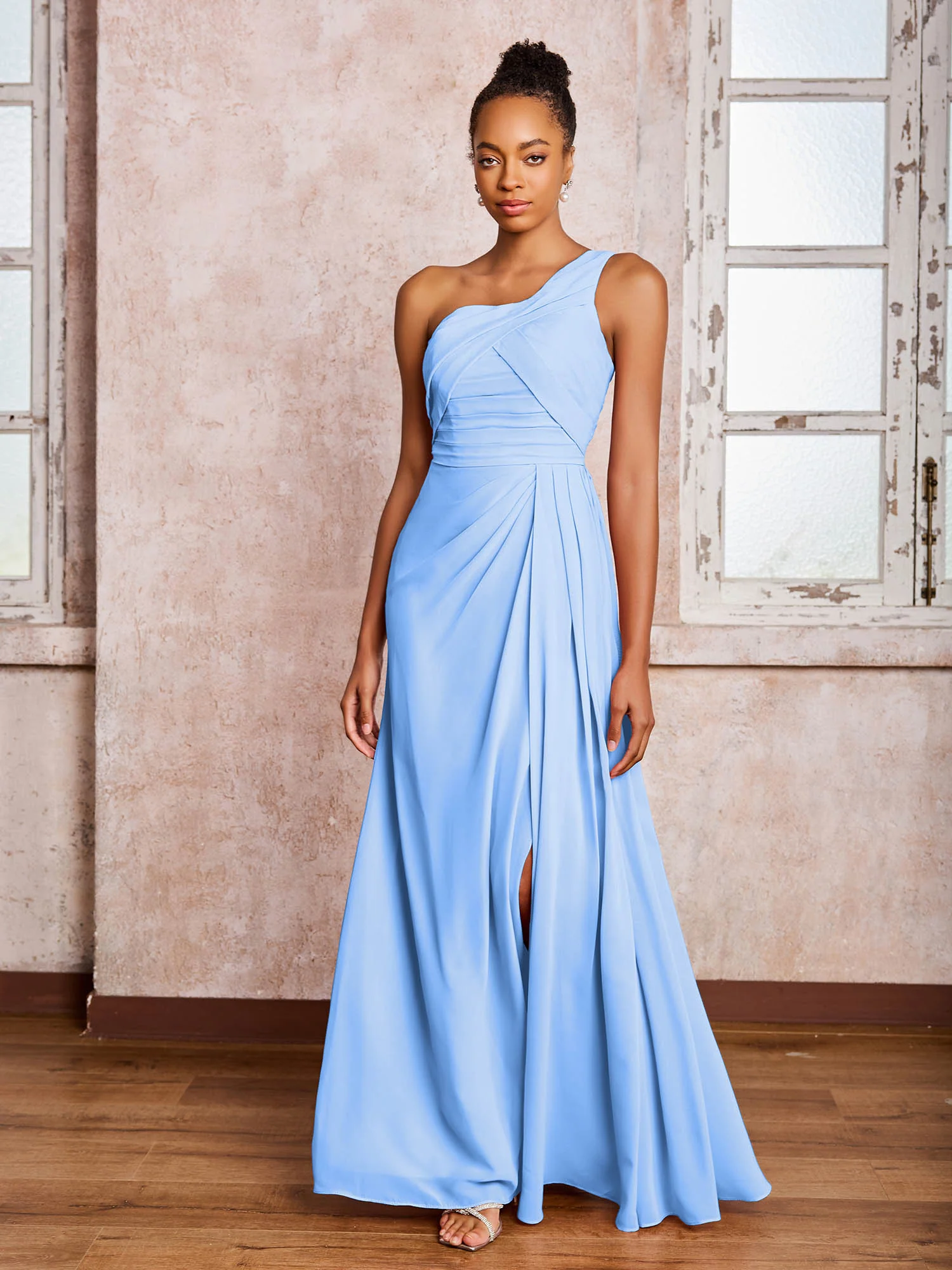 Backless One-Shoulder Pleated Chiffon Dresses with Slit Blue - Image 3