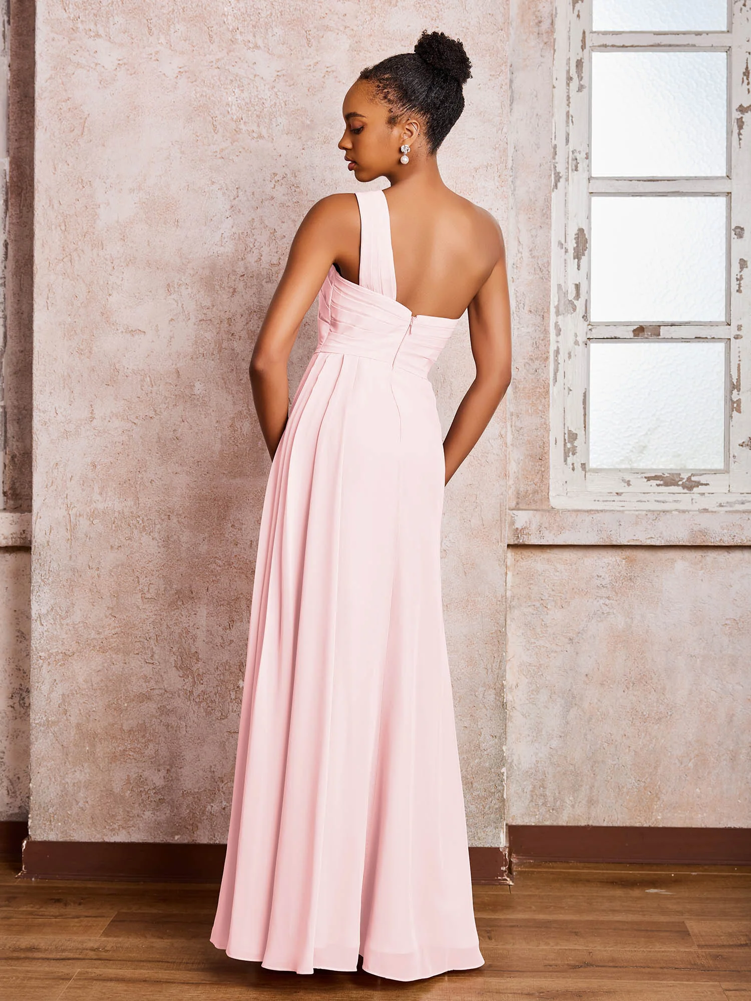 Backless One-Shoulder Pleated Chiffon Dresses with Slit Blushing Pink - Image 2