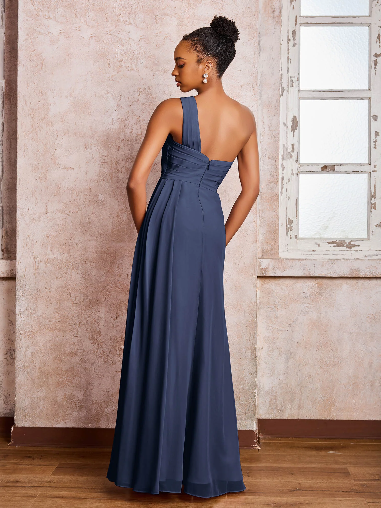 Backless One-Shoulder Pleated Chiffon Dresses with Slit Dark Navy - Image 2