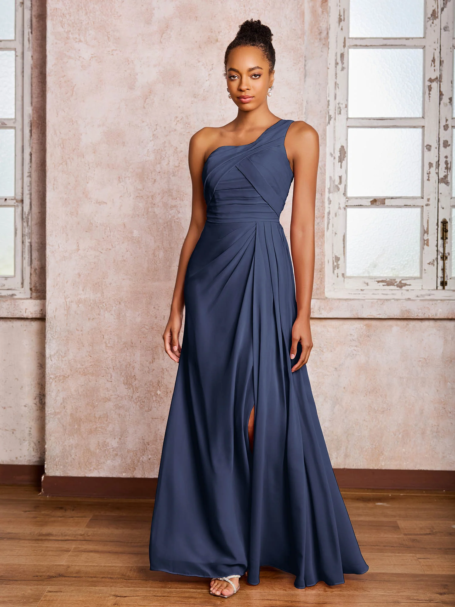 Backless One-Shoulder Pleated Chiffon Dresses with Slit Dark Navy - Image 3