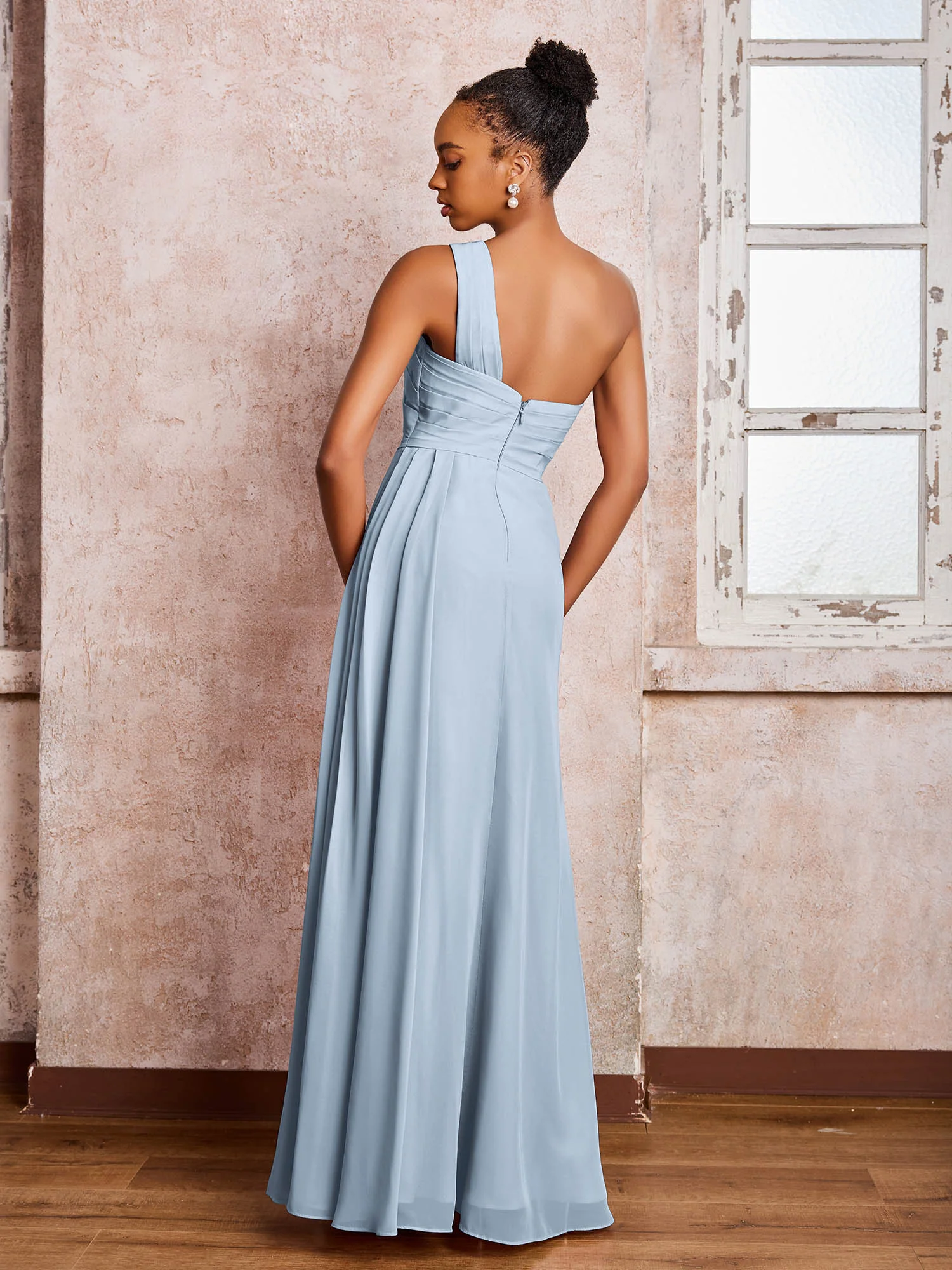 Backless One-Shoulder Pleated Chiffon Dresses with Slit Dusty Blue - Image 2