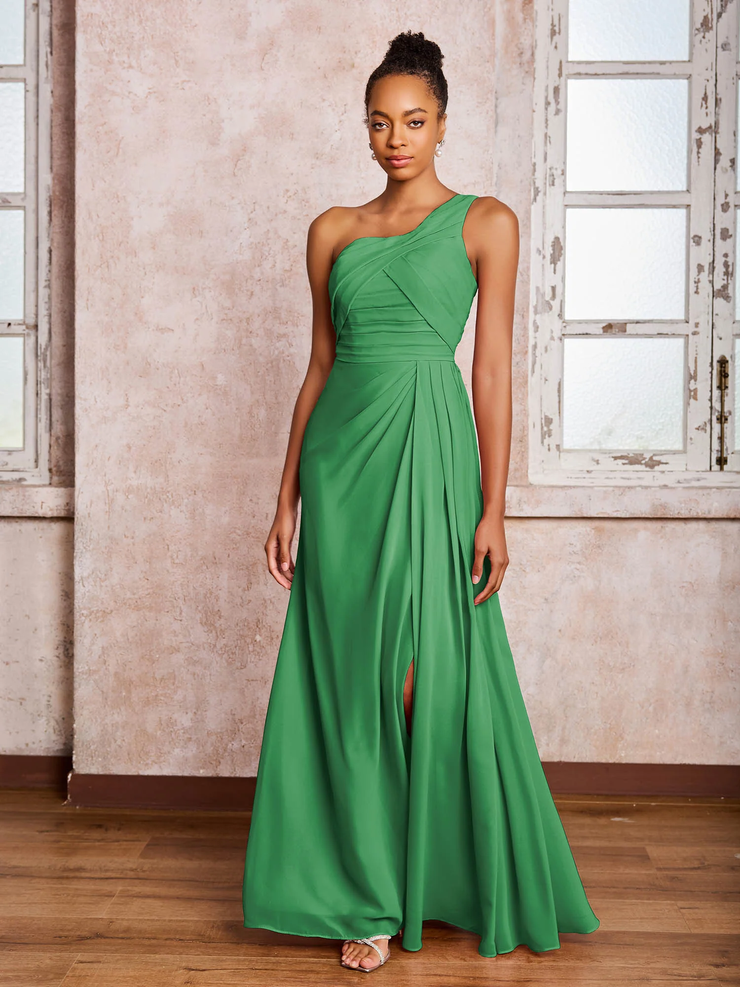 Backless One-Shoulder Pleated Chiffon Dresses with Slit Emerald - Image 3