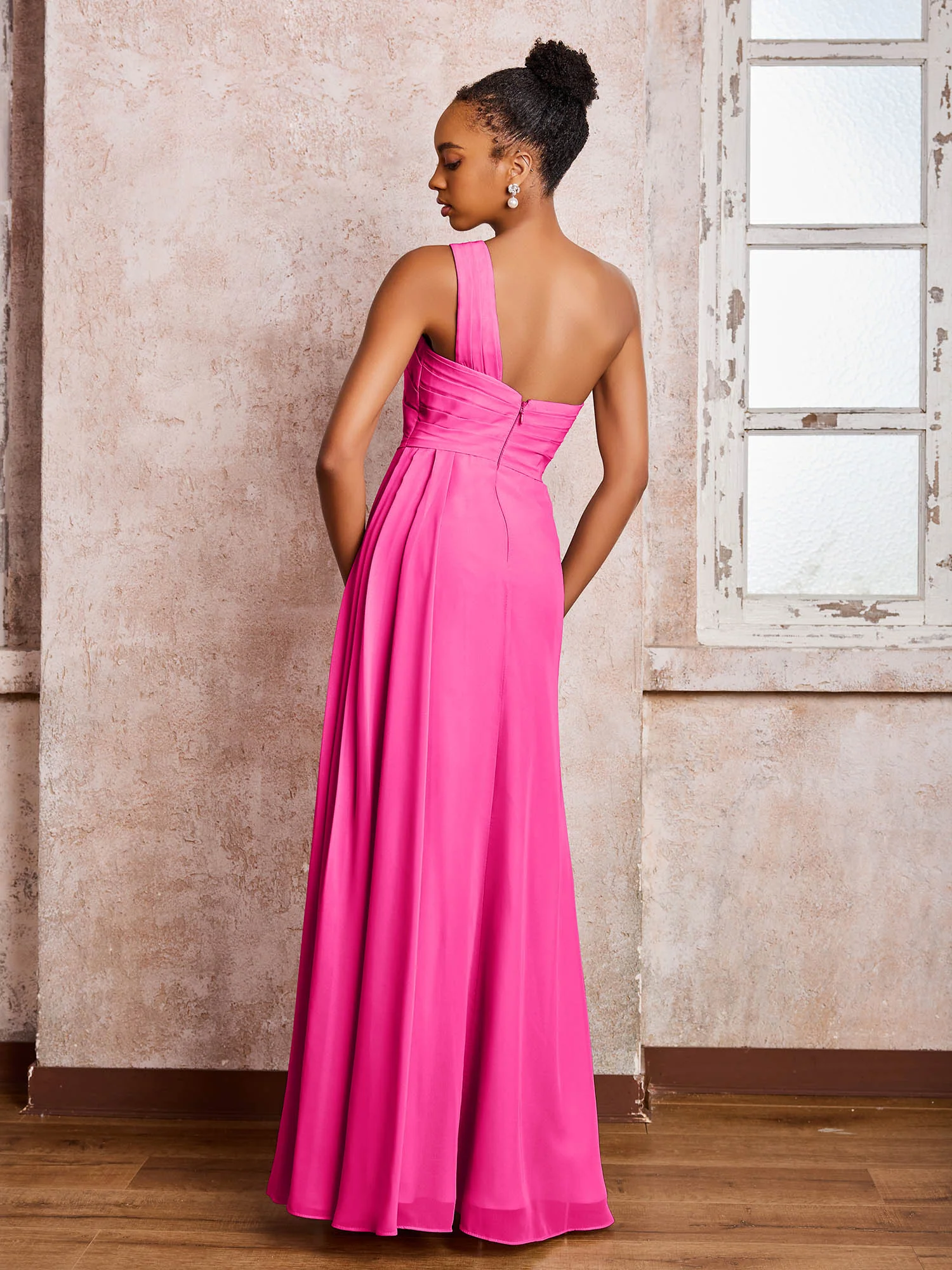 Backless One-Shoulder Pleated Chiffon Dresses with Slit Fuchsia - Image 2