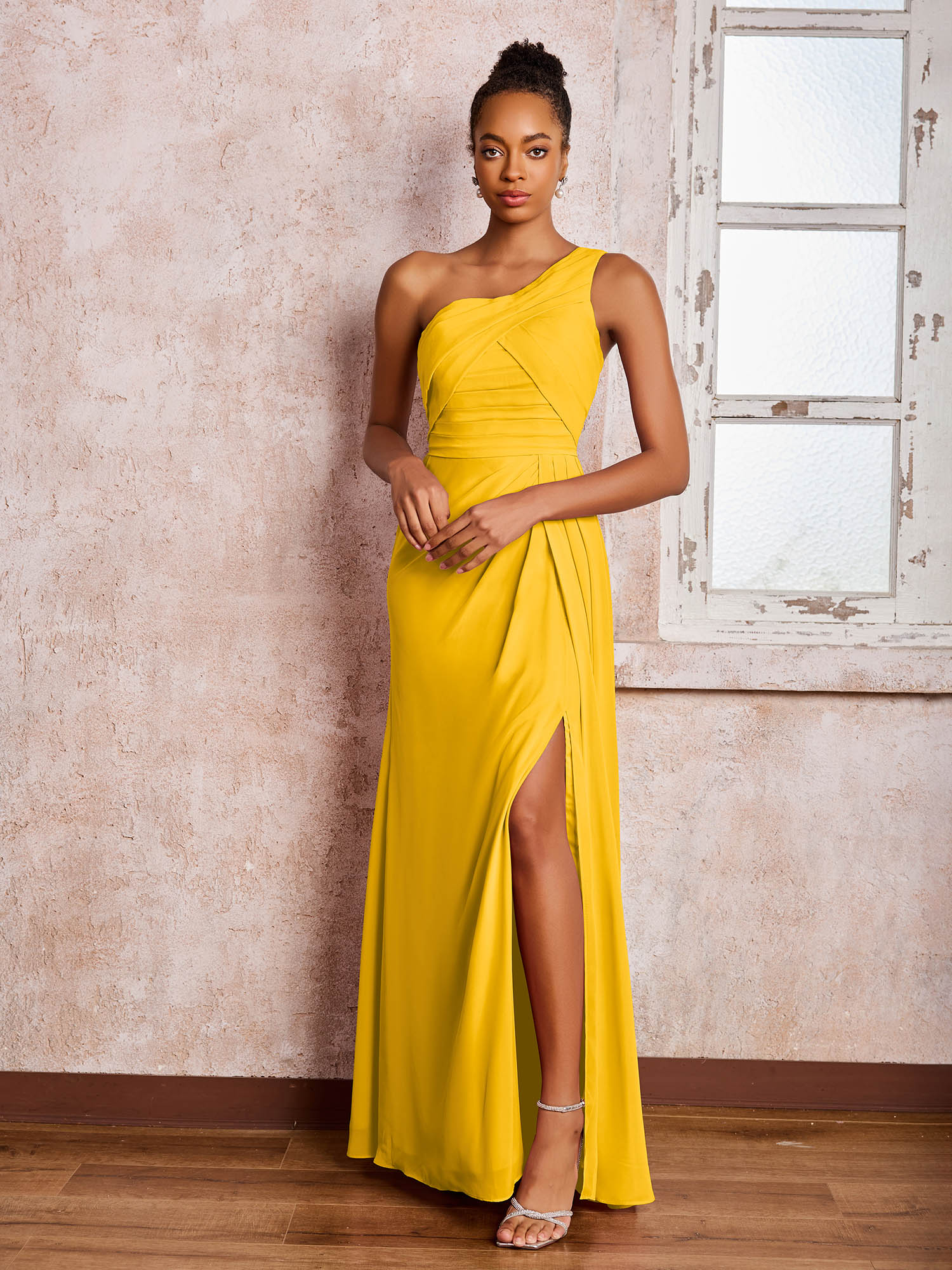 Backless One-Shoulder Pleated Chiffon Dresses with Slit Marigold