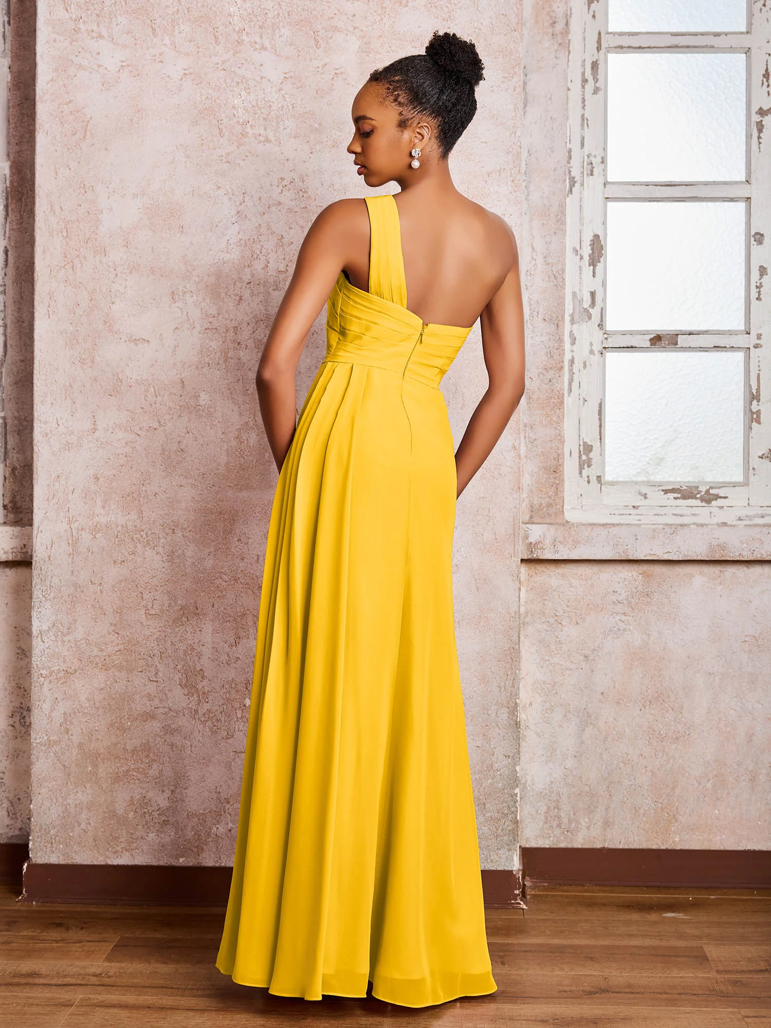 Backless One-Shoulder Pleated Chiffon Dresses with Slit Marigold - Image 2