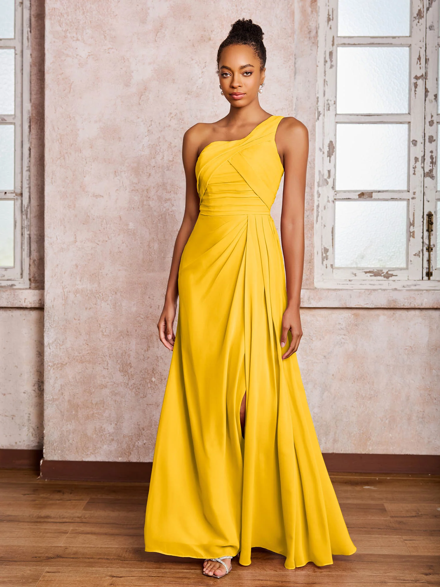 Backless One-Shoulder Pleated Chiffon Dresses with Slit Marigold - Image 3
