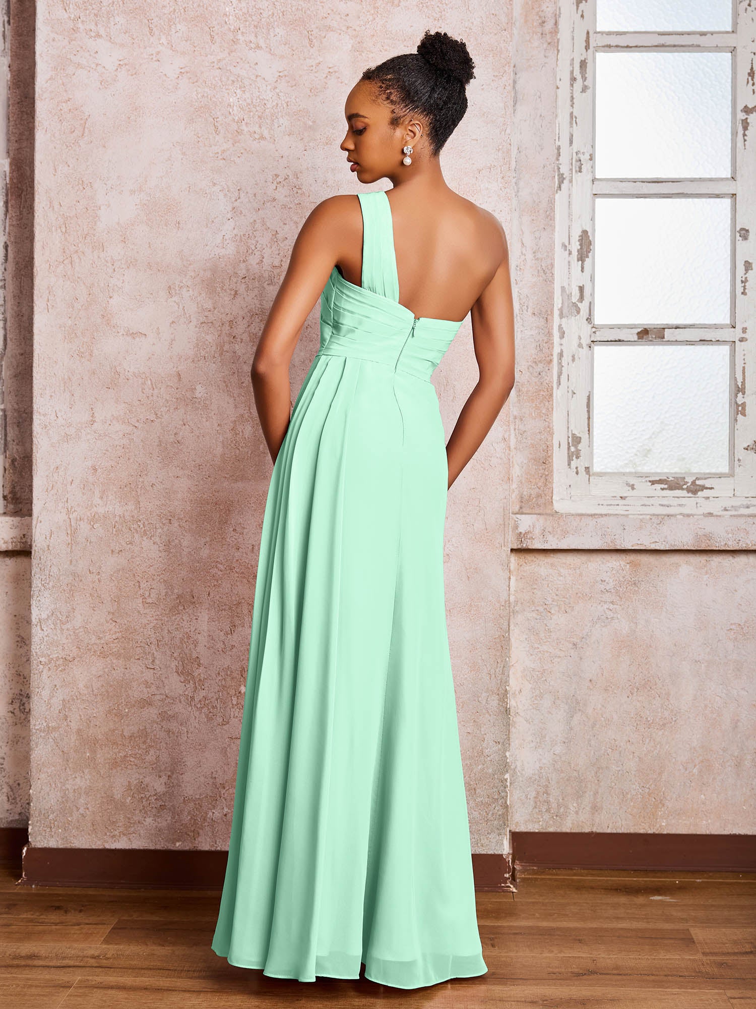 Backless One-Shoulder Pleated Chiffon Dresses with Slit Mint Green - Image 2