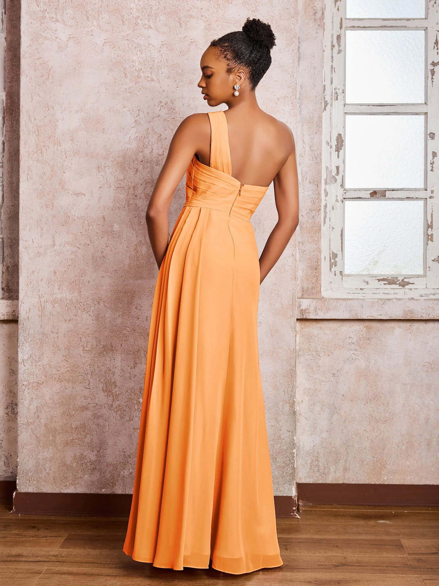 Backless One-Shoulder Pleated Chiffon Dresses with Slit Orange - Image 2