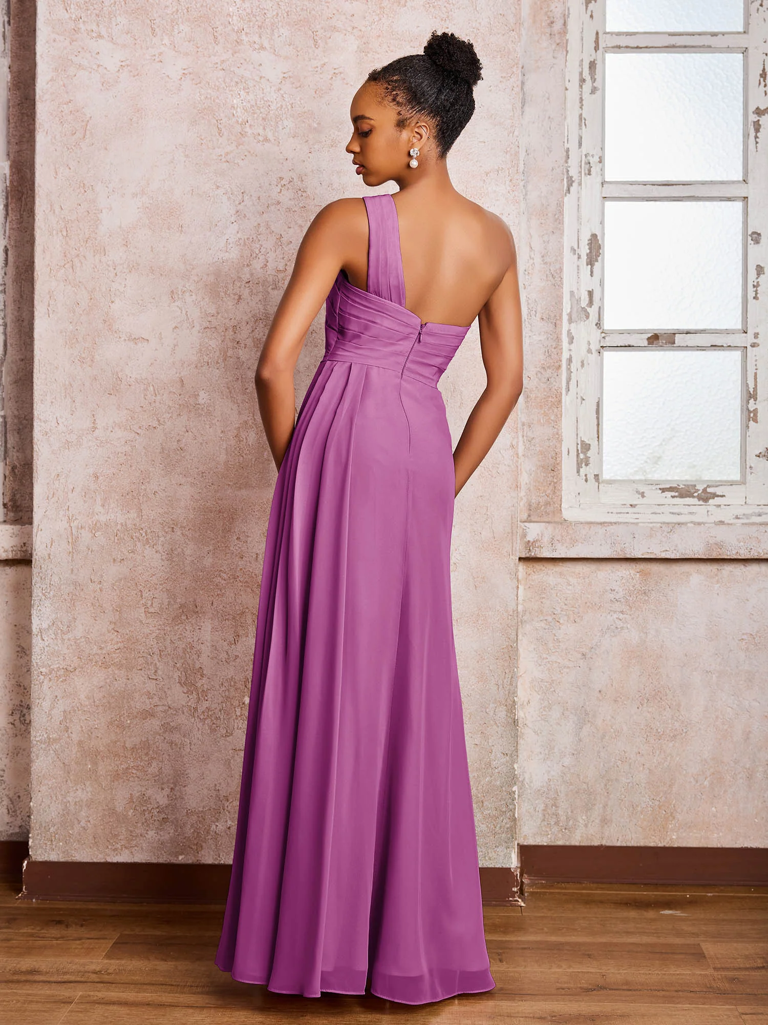 Backless One-Shoulder Pleated Chiffon Dresses with Slit Orchid - Image 2