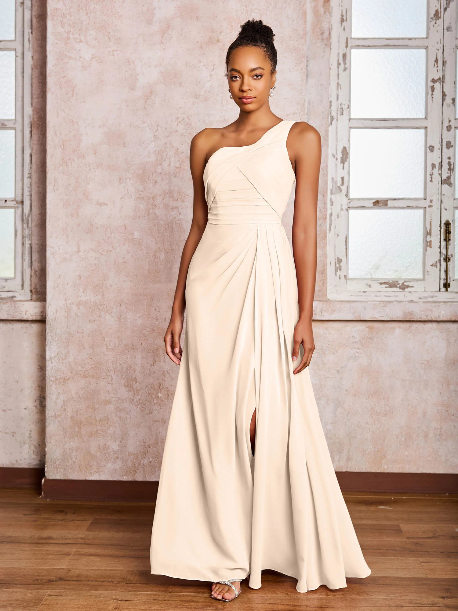 Backless One-Shoulder Pleated Chiffon Dresses with Slit Peach - Image 3