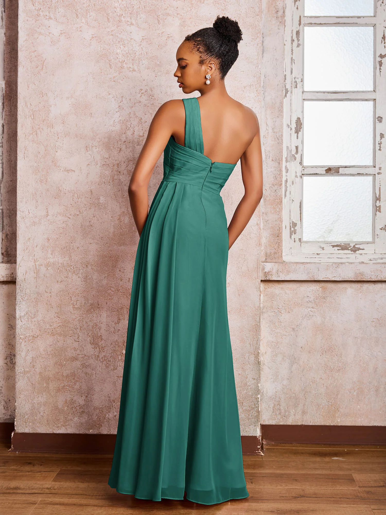 Backless One-Shoulder Pleated Chiffon Dresses with Slit Peacock - Image 2