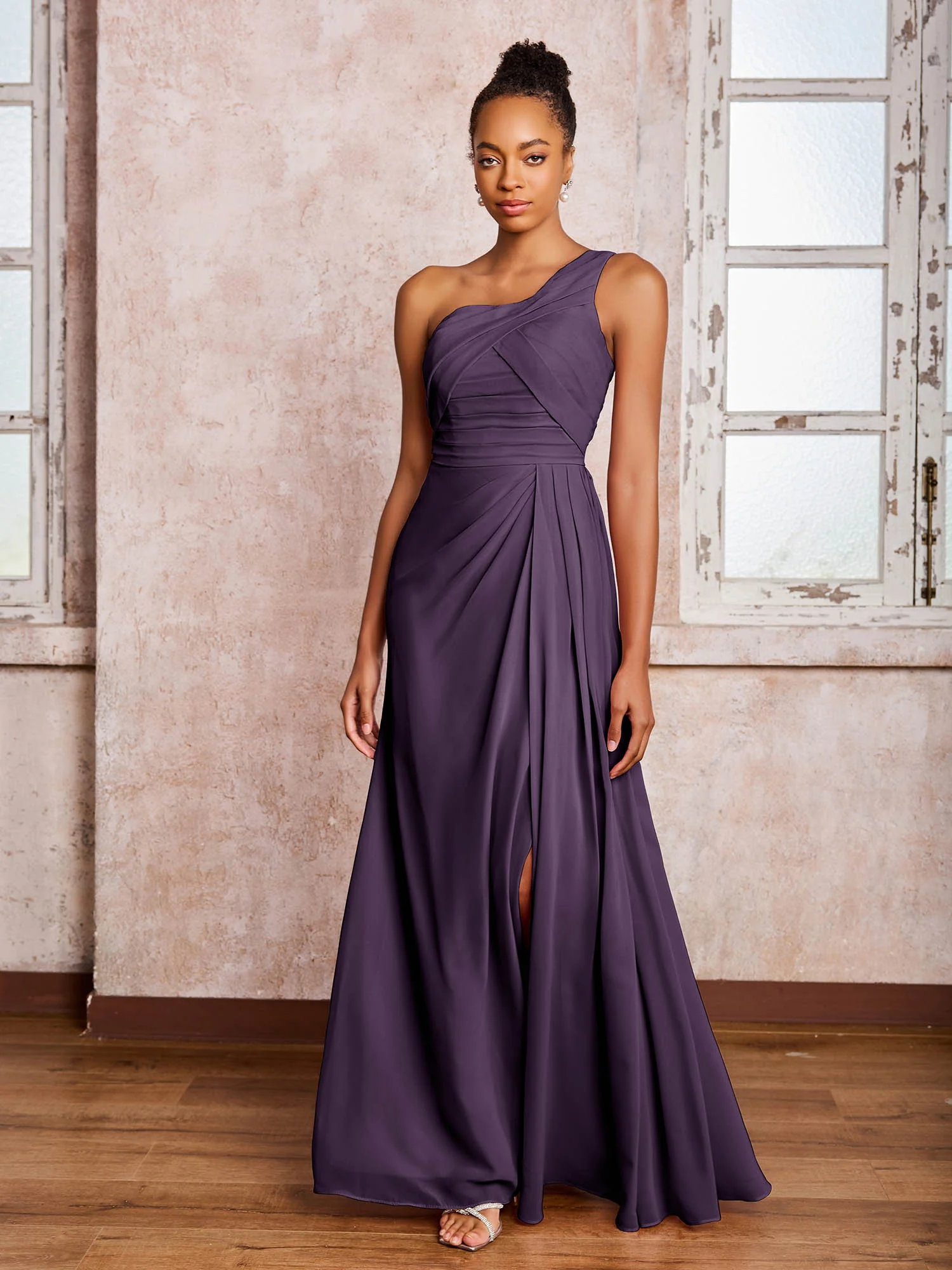Backless One-Shoulder Pleated Chiffon Dresses with Slit Plum - Image 3