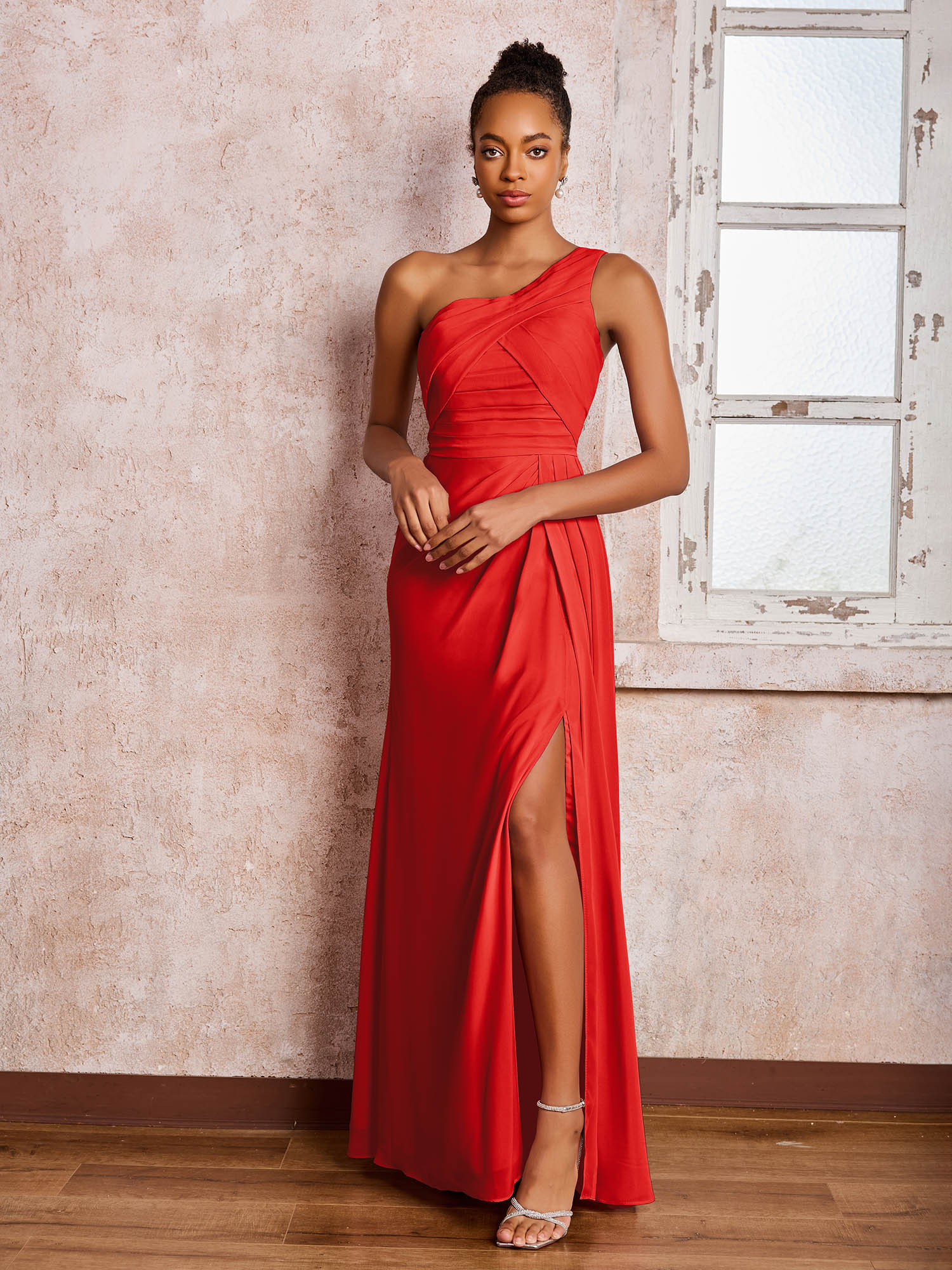 Backless One-Shoulder Pleated Chiffon Dresses with Slit Red