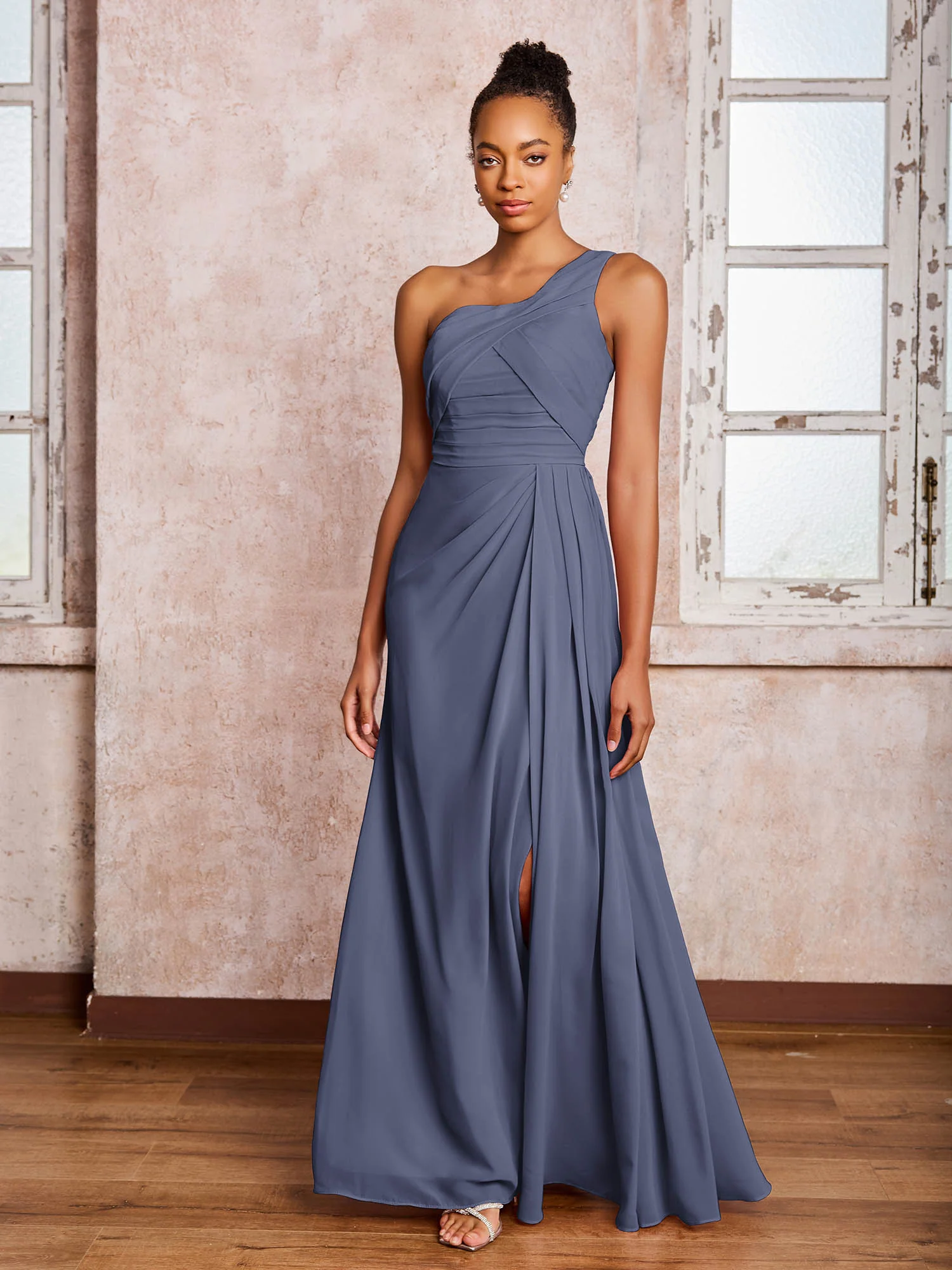 Backless One-Shoulder Pleated Chiffon Dresses with Slit Stormy - Image 3
