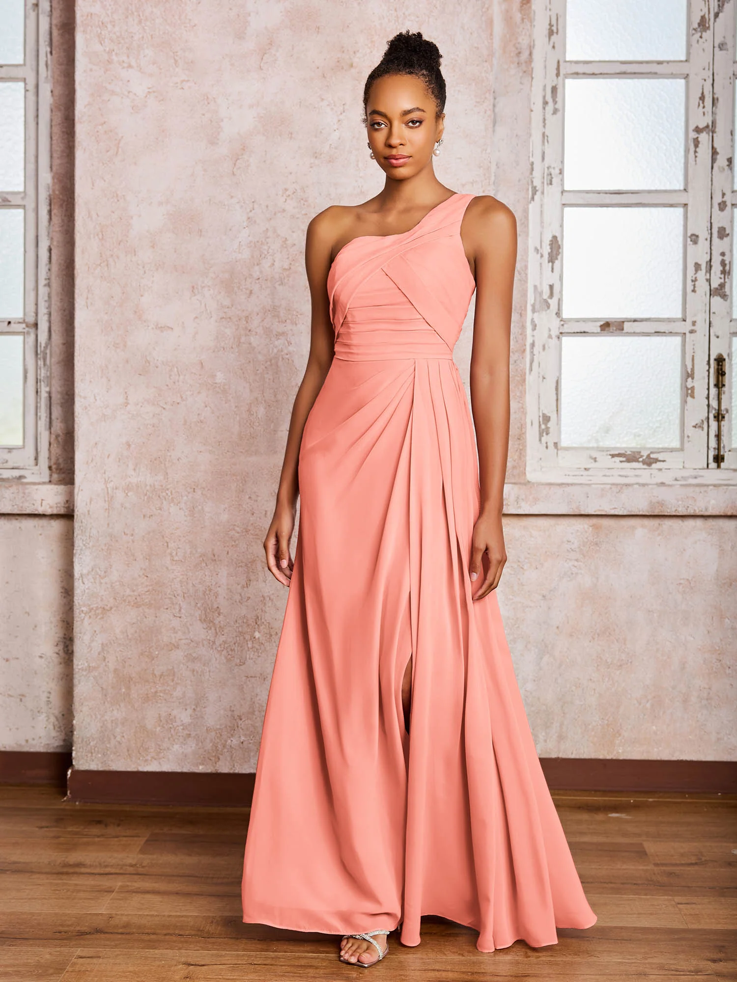 Backless One-Shoulder Pleated Chiffon Dresses with Slit Sunset - Image 3
