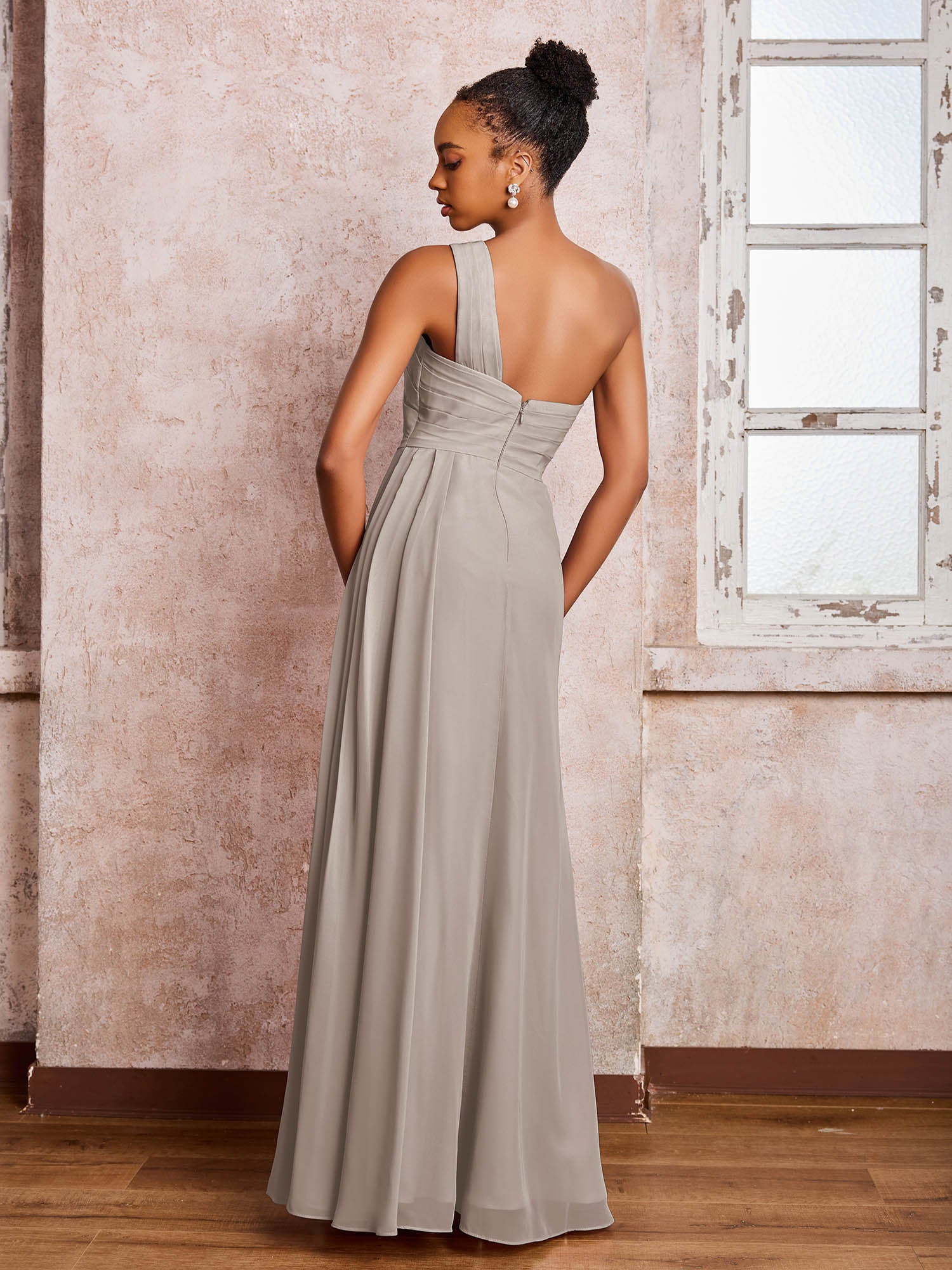 Backless One-Shoulder Pleated Chiffon Dresses with Slit Taupe - Image 2