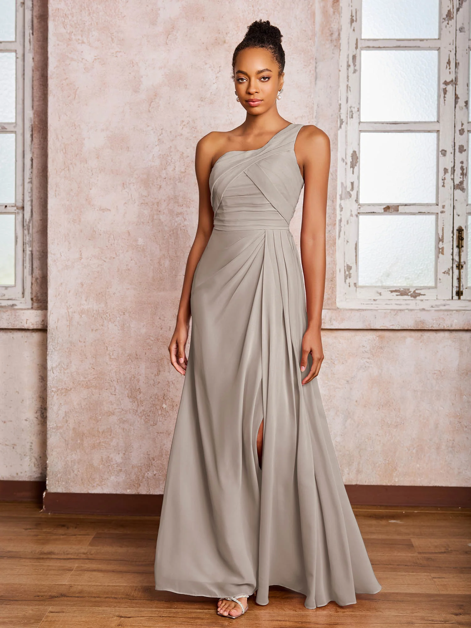 Backless One-Shoulder Pleated Chiffon Dresses with Slit Taupe - Image 3