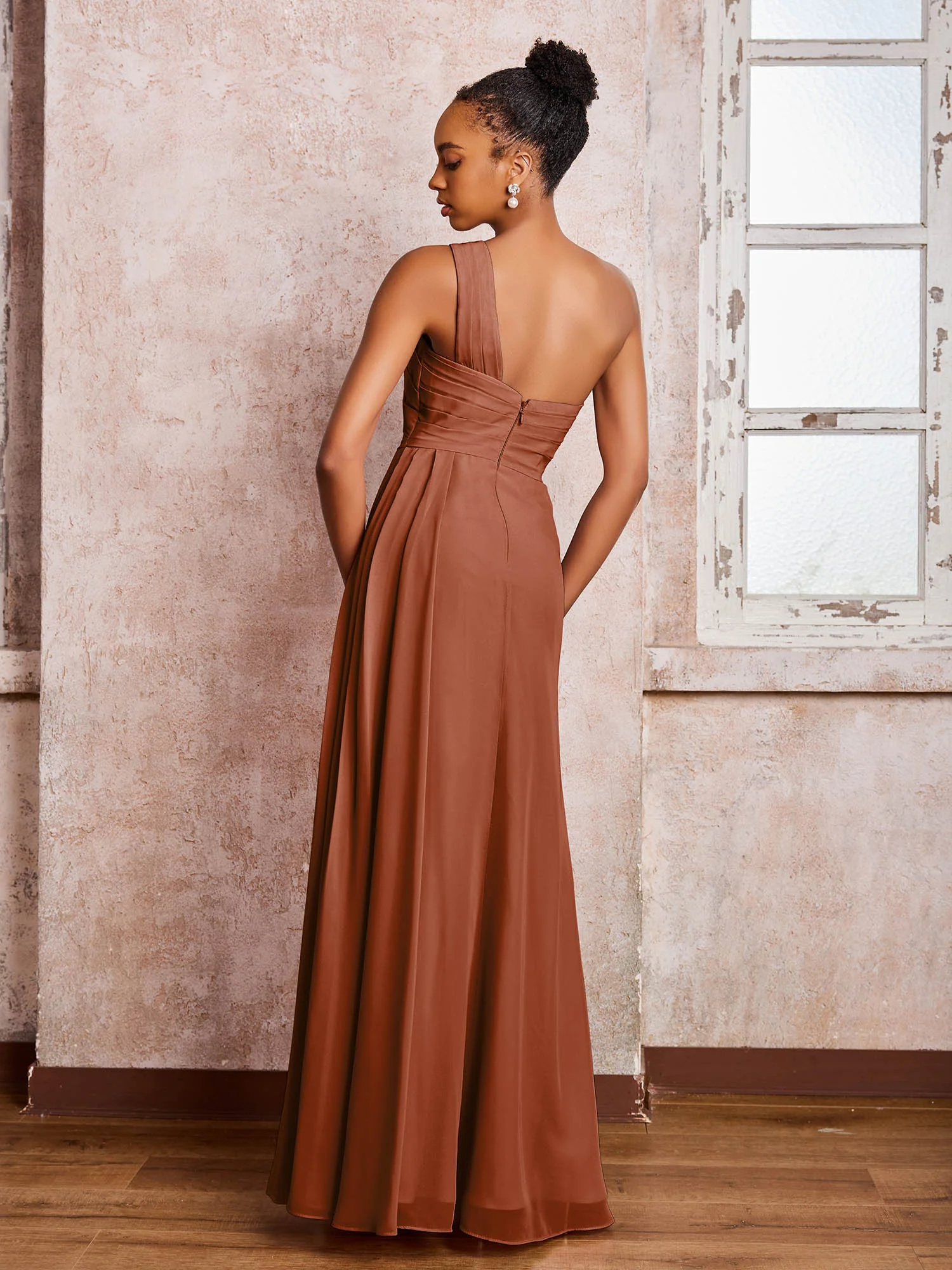 Backless One-Shoulder Pleated Chiffon Dresses with Slit Terracotta - Image 2