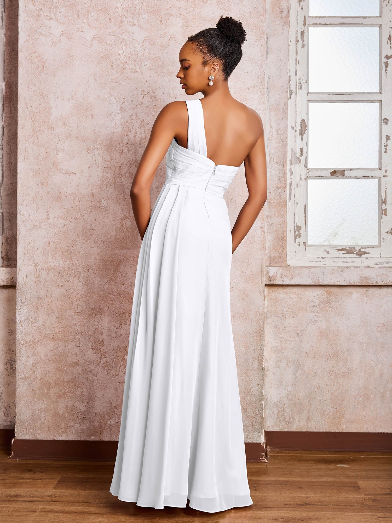 Backless One-Shoulder Pleated Chiffon Dresses with Slit White - Image 2
