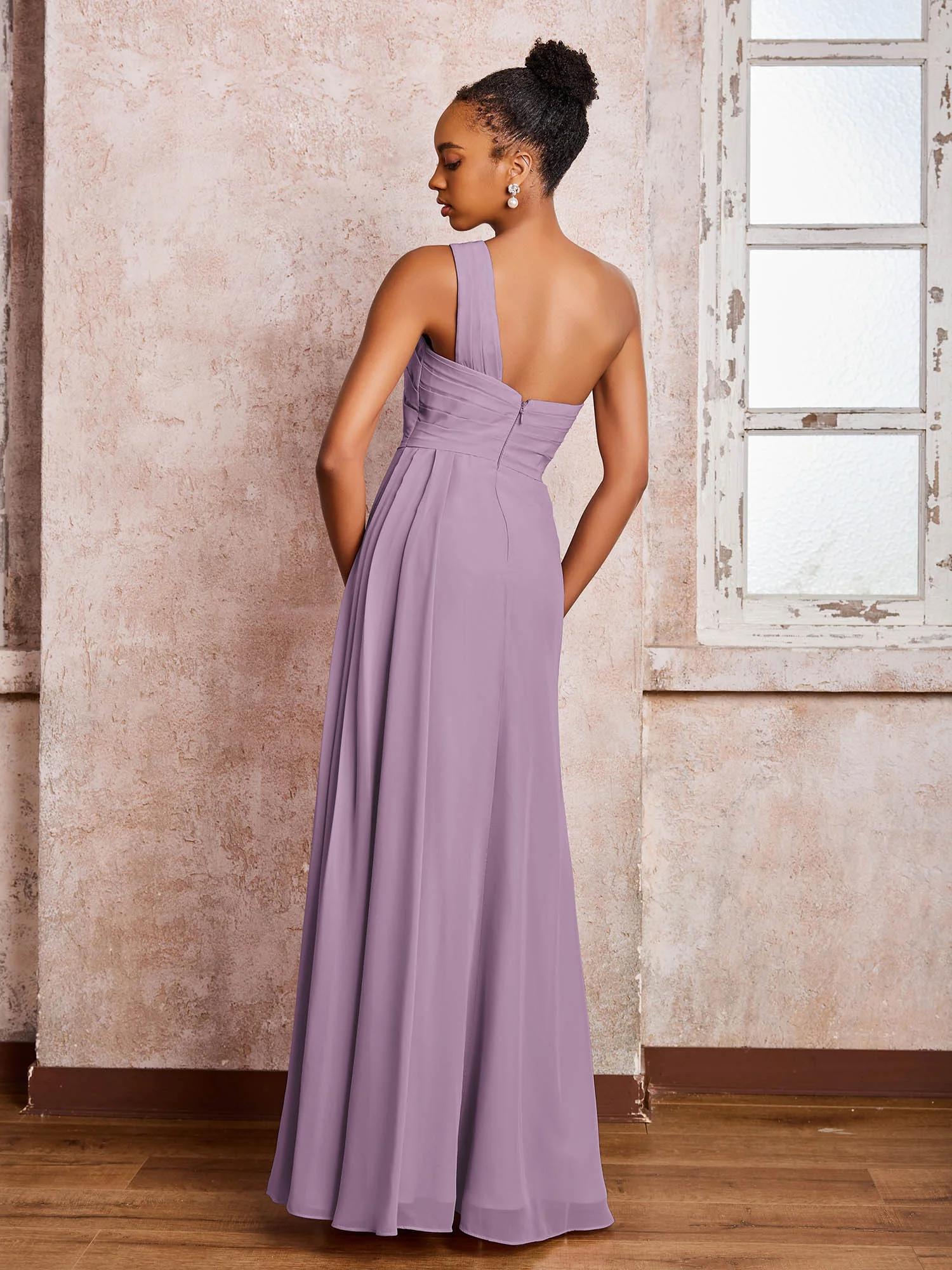 Backless One-Shoulder Pleated Chiffon Dresses with Slit Wisteria - Image 2