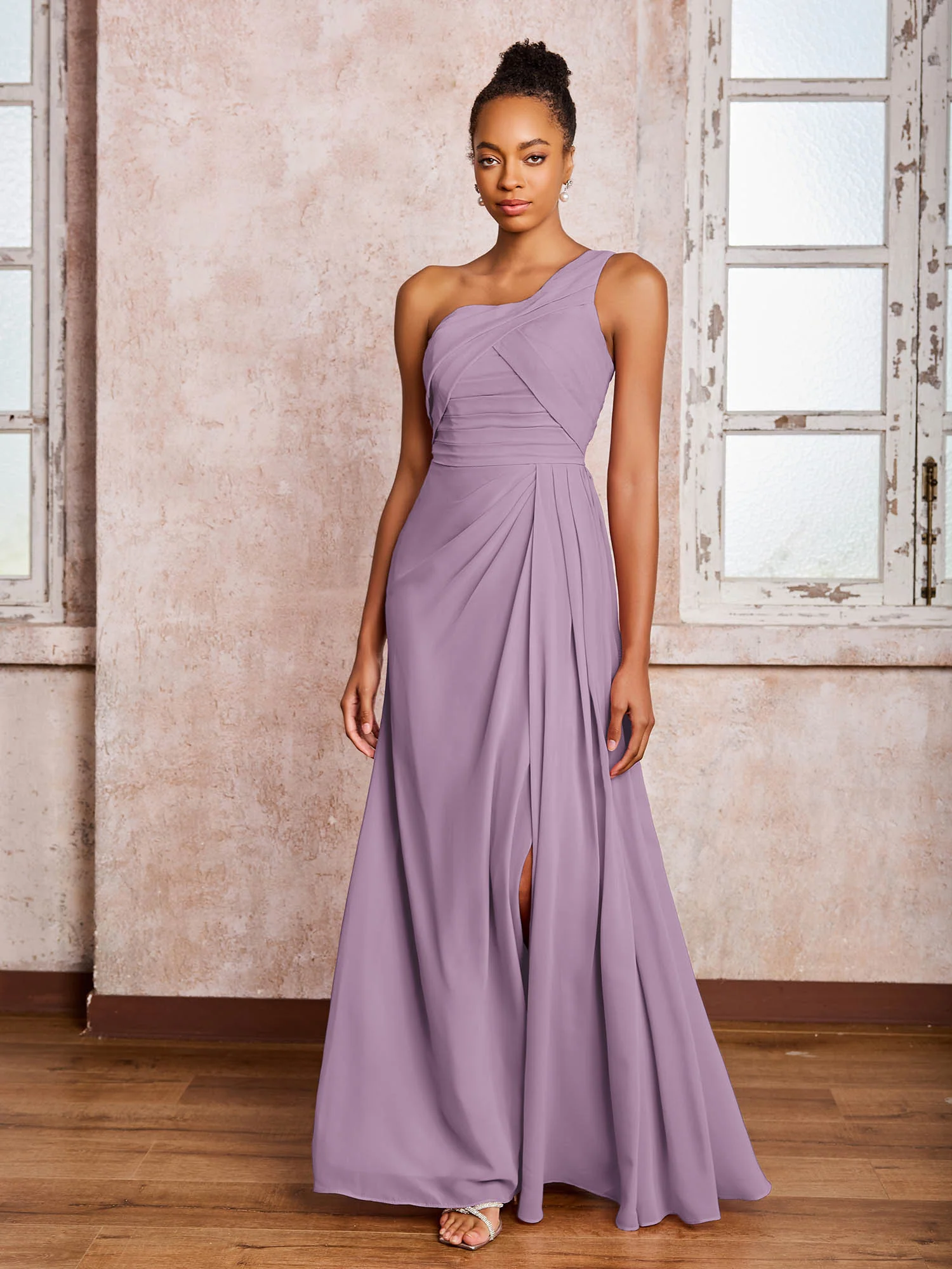 Backless One-Shoulder Pleated Chiffon Dresses with Slit Wisteria - Image 3