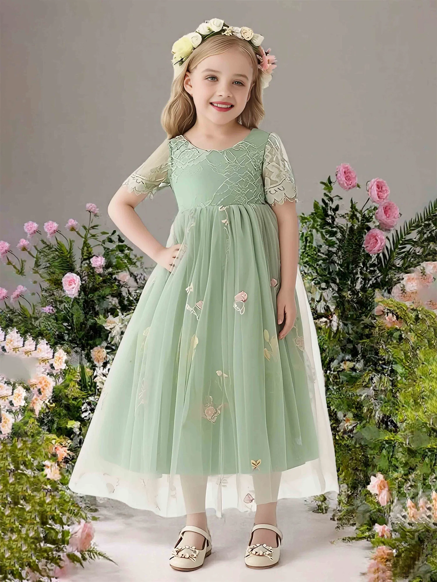 Short Sleeve V-Back Garden Theme Flower Girl Gown Dusty Sage
