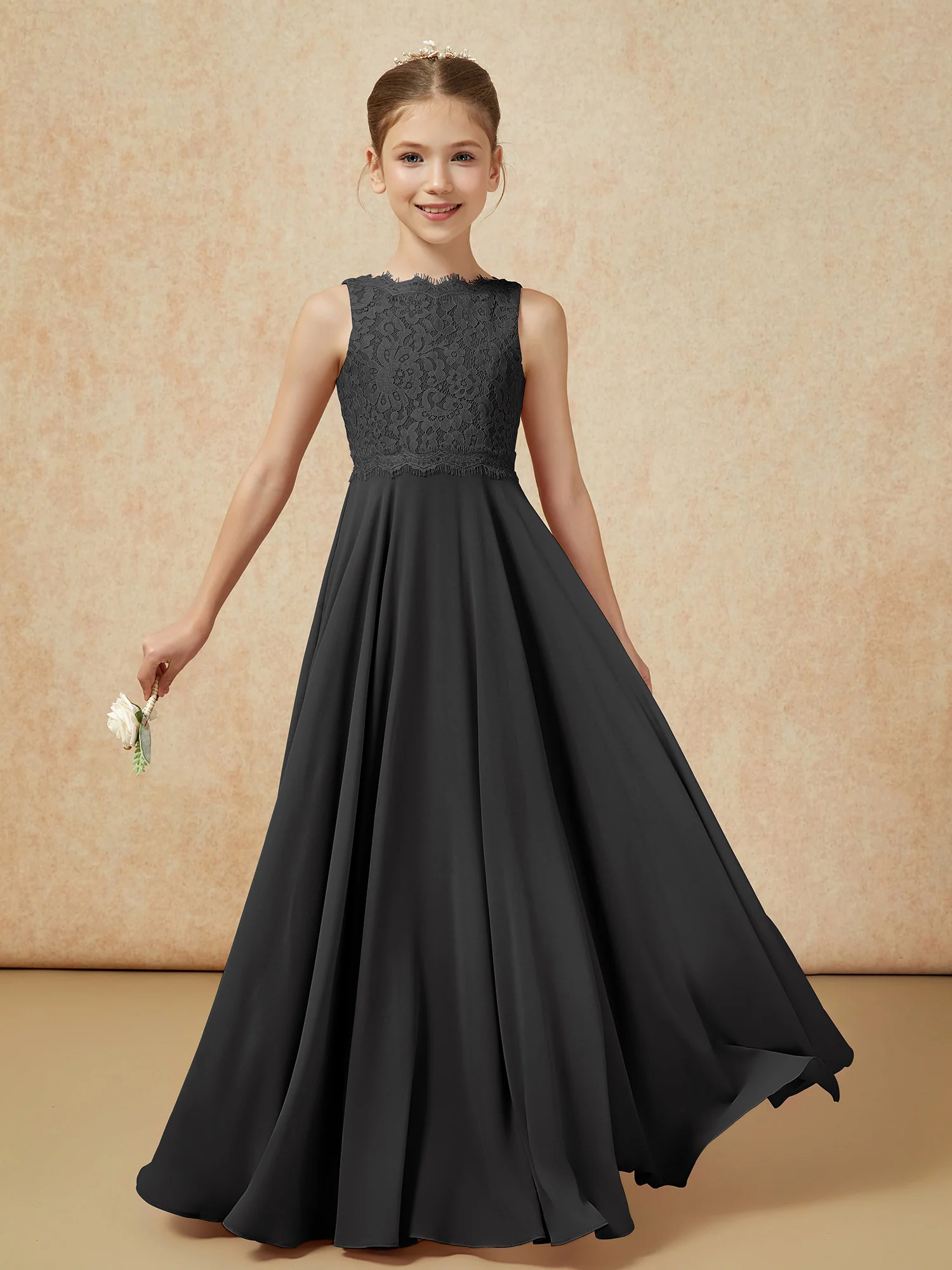 Bateau A-line Floor-length Chiffon Junior Bridesmaid Dress Black - Image 5
