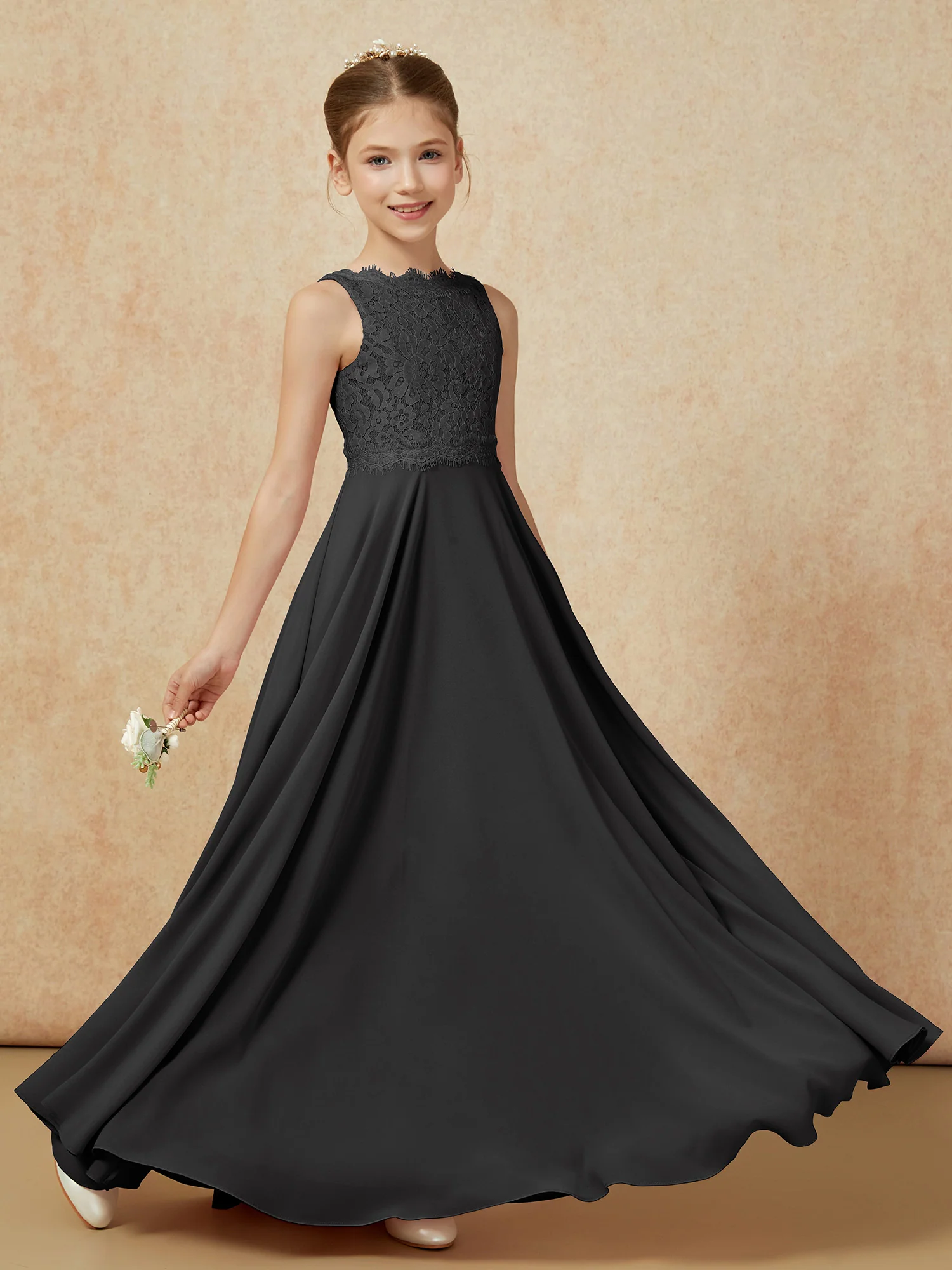 Bateau A-line Floor-length Chiffon Junior Bridesmaid Dress Black - Image 6