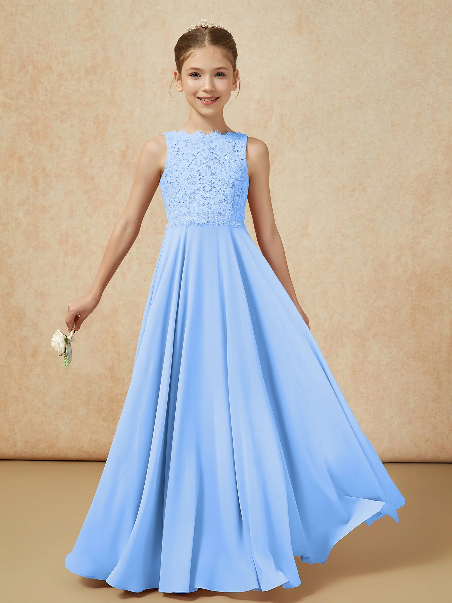 Bateau A-line Floor-length Chiffon Junior Bridesmaid Dress Blue - Image 5