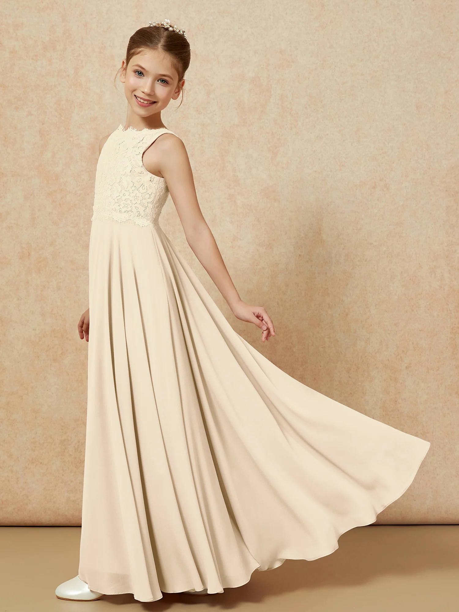 Bateau A-line Floor-length Chiffon Junior Bridesmaid Dress Champagne - Image 4