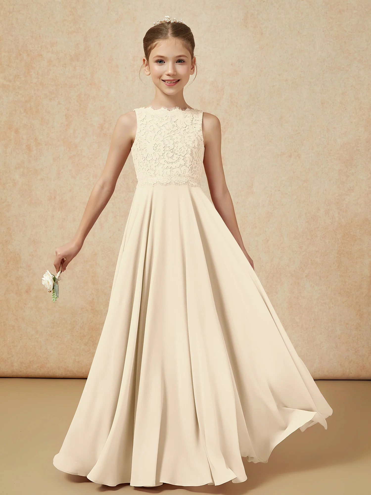 Bateau A-line Floor-length Chiffon Junior Bridesmaid Dress Champagne - Image 5