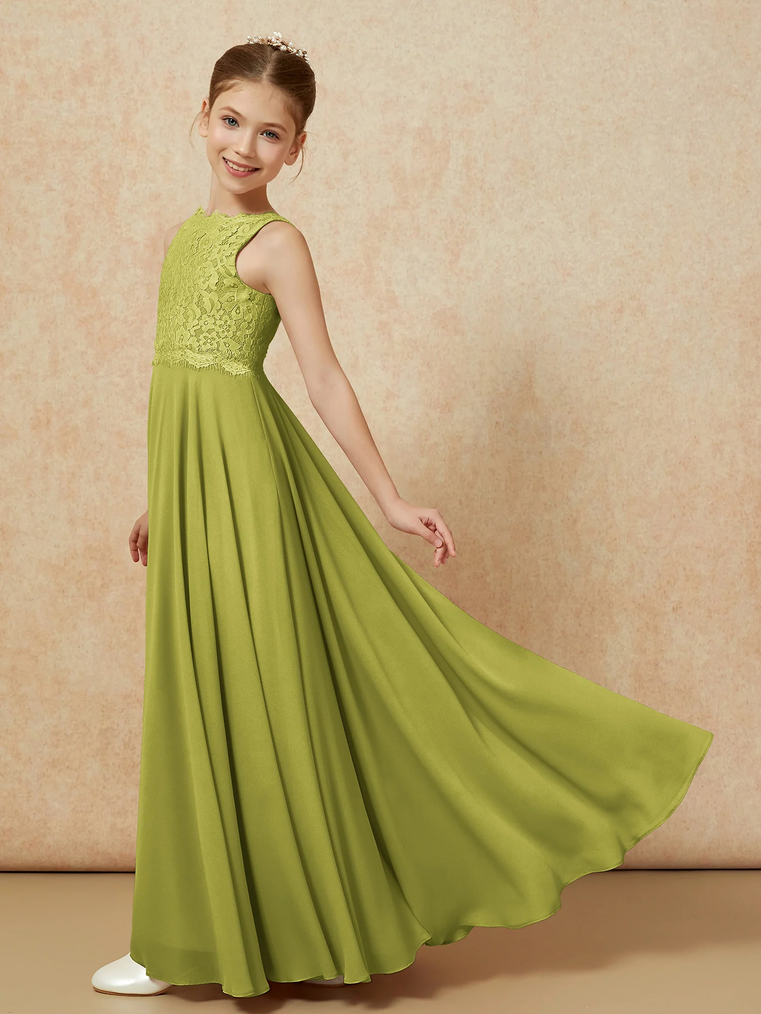 Bateau A-line Floor-length Chiffon Junior Bridesmaid Dress Clover - Image 4