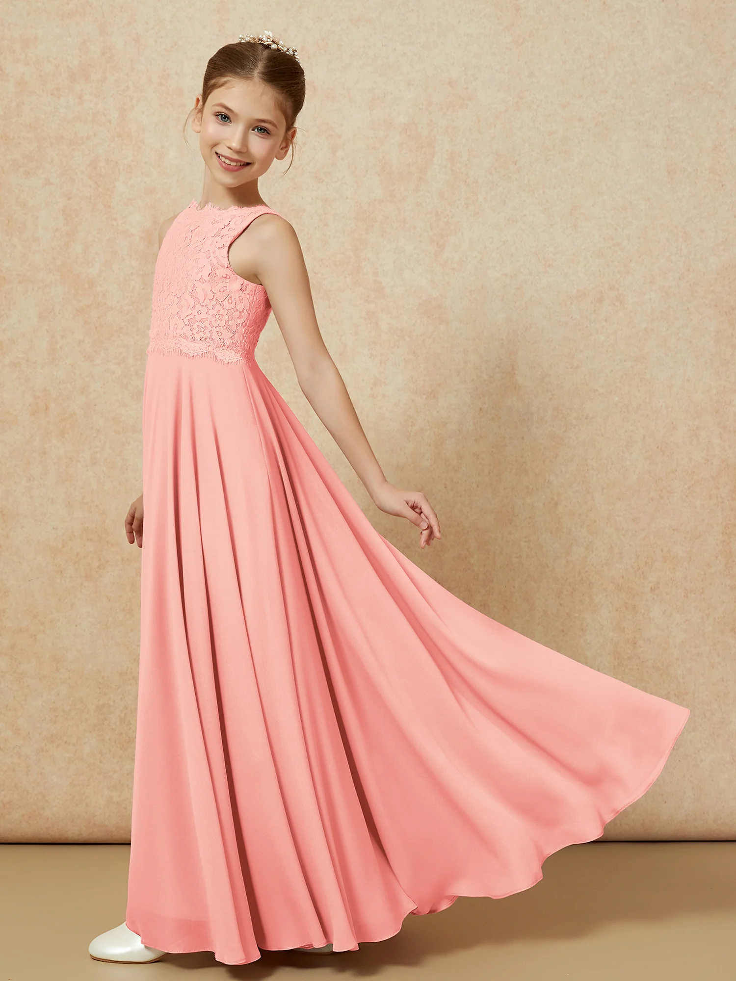 Bateau A-line Floor-length Chiffon Junior Bridesmaid Dress Coral - Image 4
