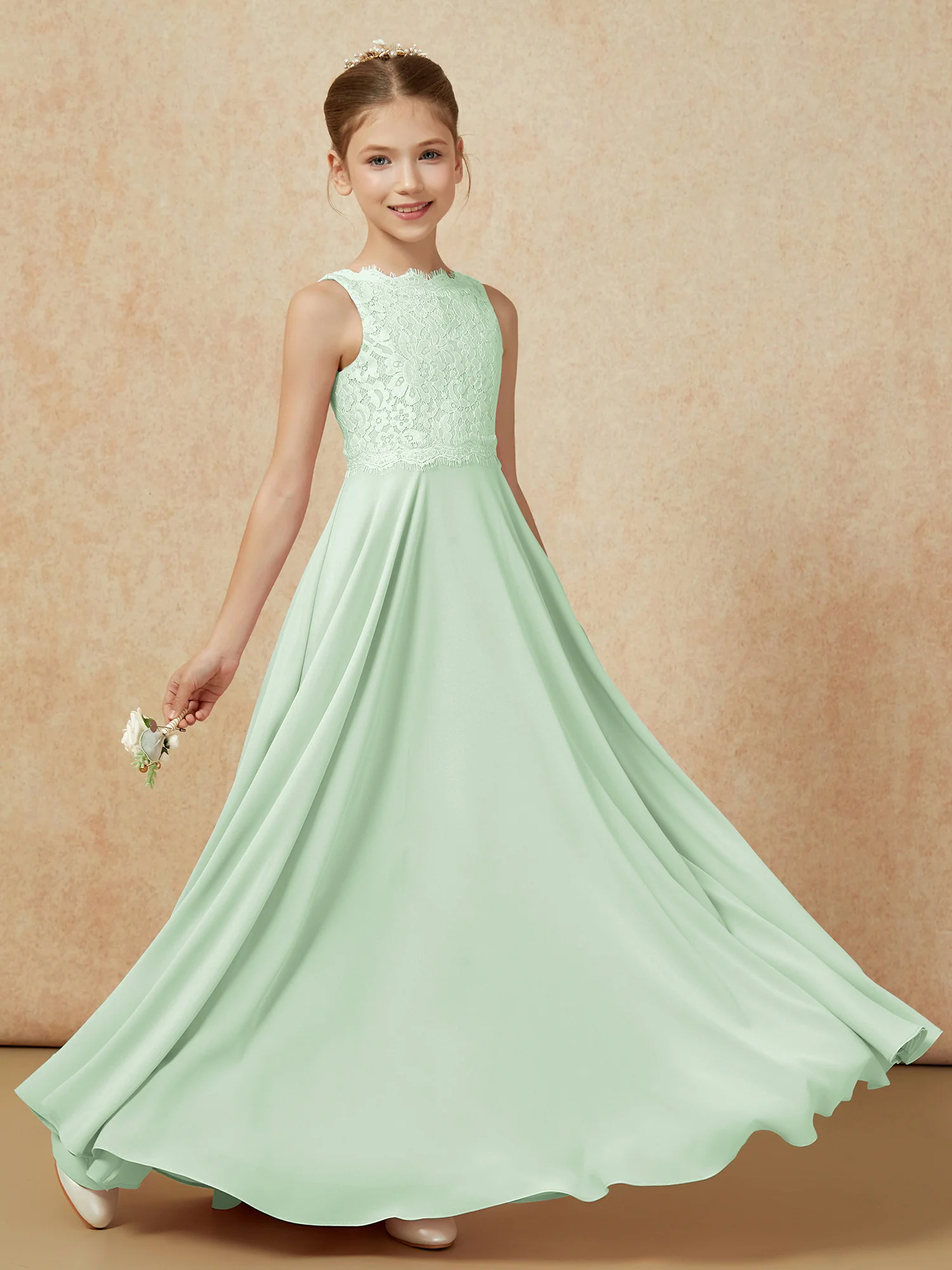 Bateau A-line Floor-length Chiffon Junior Bridesmaid Dress Dusty Sage - Image 6