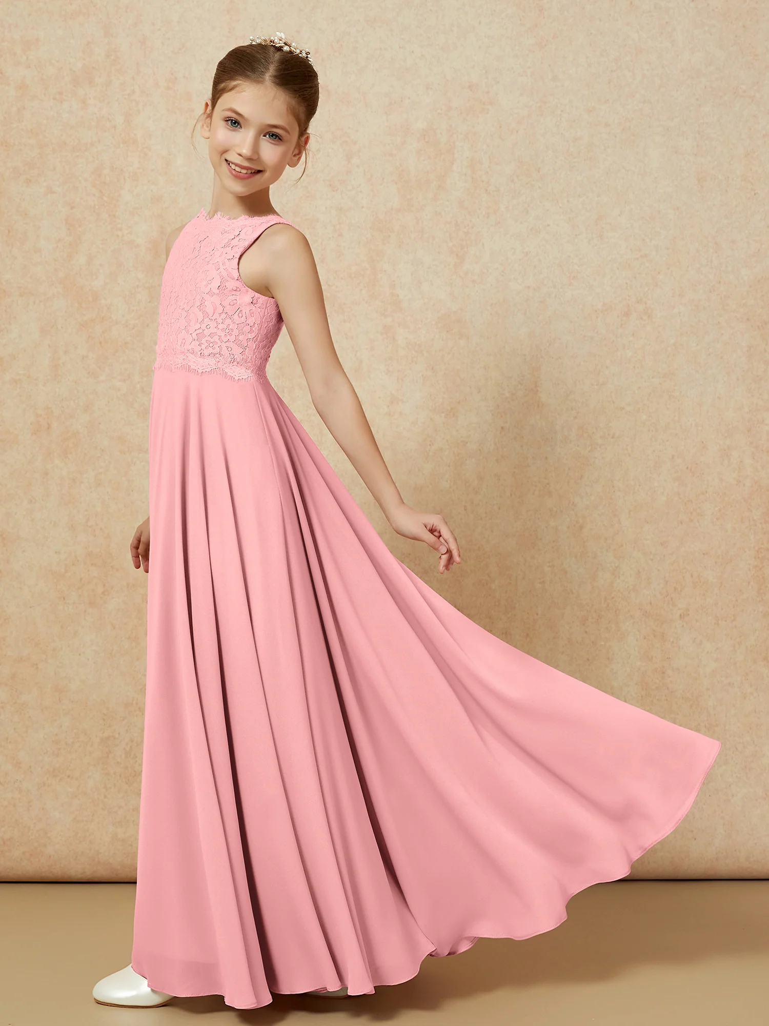 Bateau A-line Floor-length Chiffon Junior Bridesmaid Dress Flamingo - Image 4