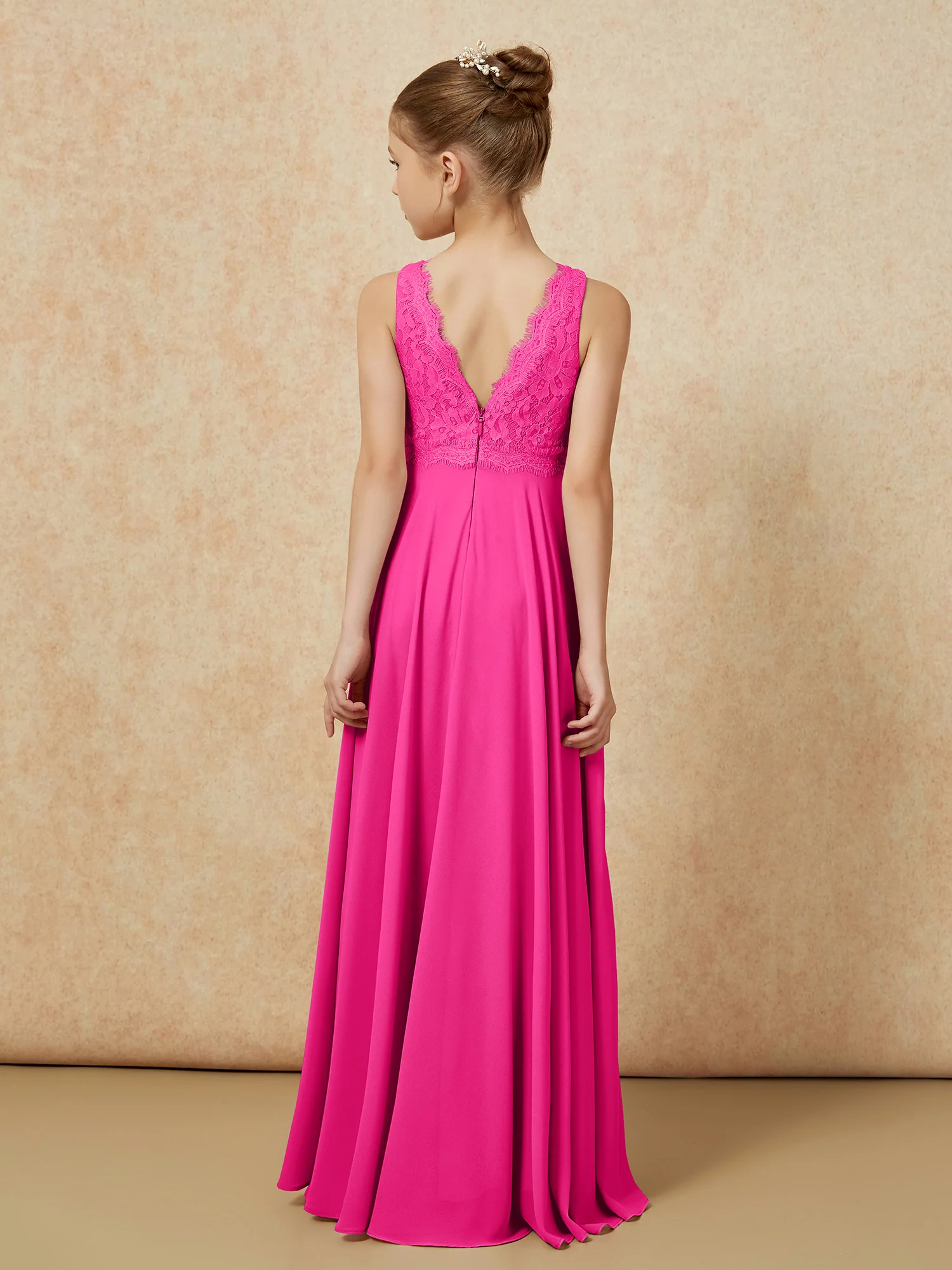 Bateau A-line Floor-length Chiffon Junior Bridesmaid Dress Fuchsia - Image 2