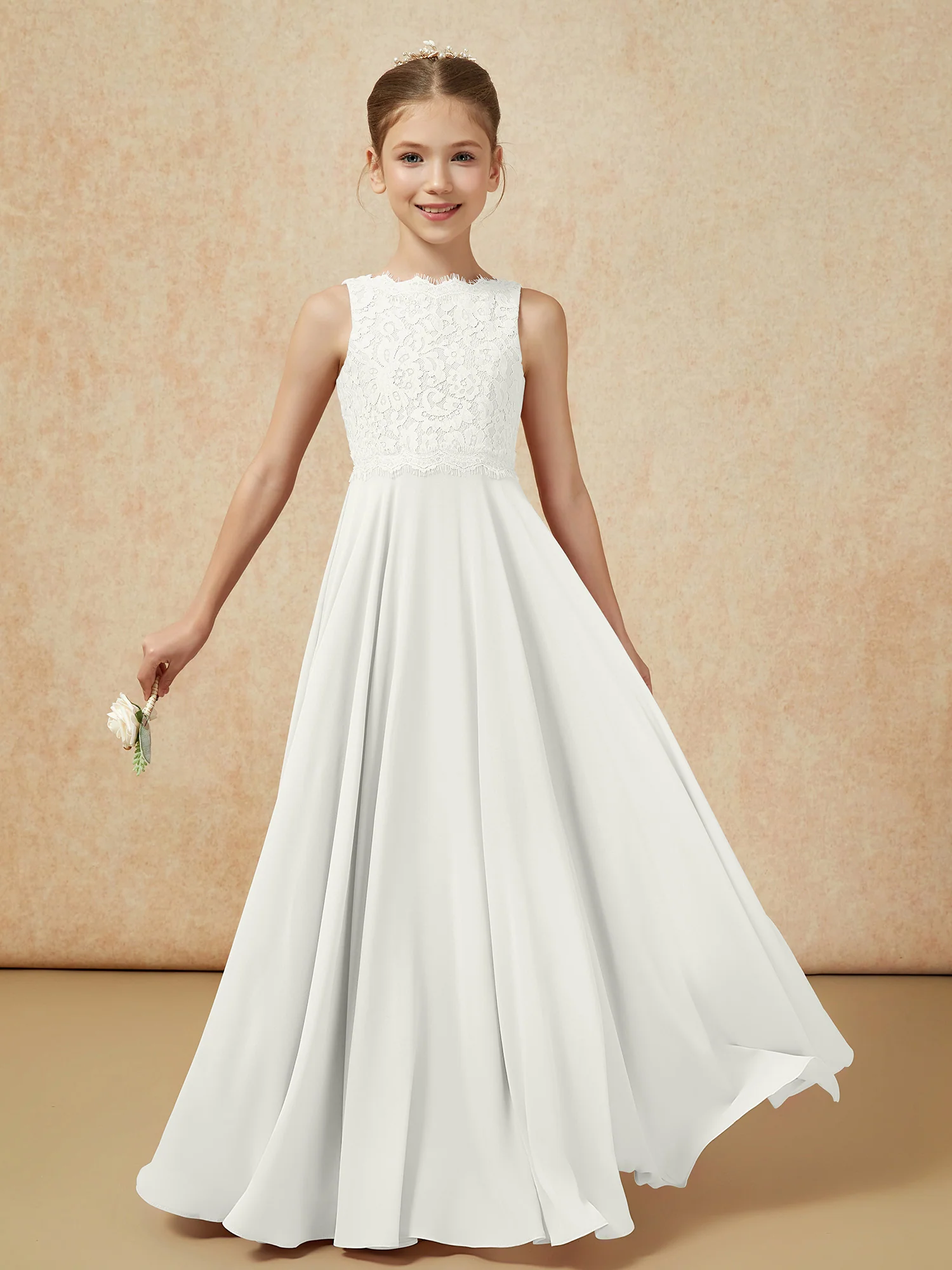 Bateau A-line Floor-length Chiffon Junior Bridesmaid Dress Ivory - Image 5