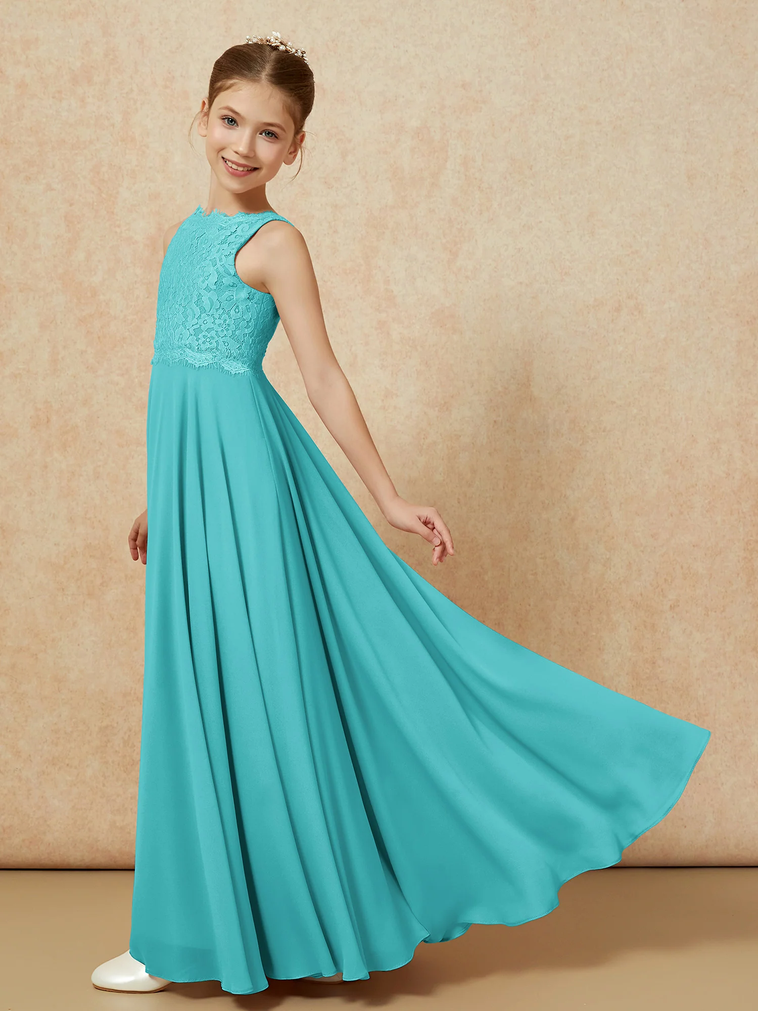 Bateau A-line Floor-length Chiffon Junior Bridesmaid Dress Jade - Image 4