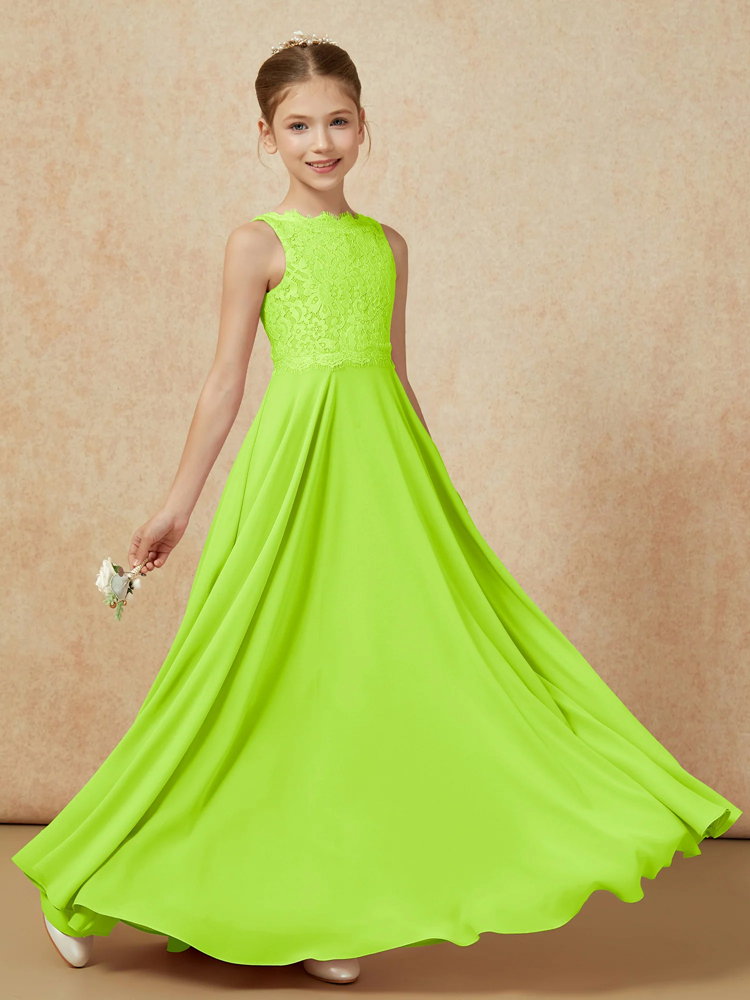 Bateau A-line Floor-length Chiffon Junior Bridesmaid Dress Lime Green - Image 6